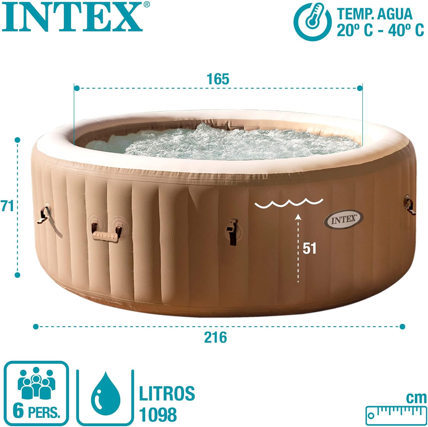 Intex 28428EX - PureSpa Vasca Idromassaggio Gonfiabile Bubble Massage, 6 posti, 140 Getti, Riscaldatore, PVC, Beige, 216x71 cm