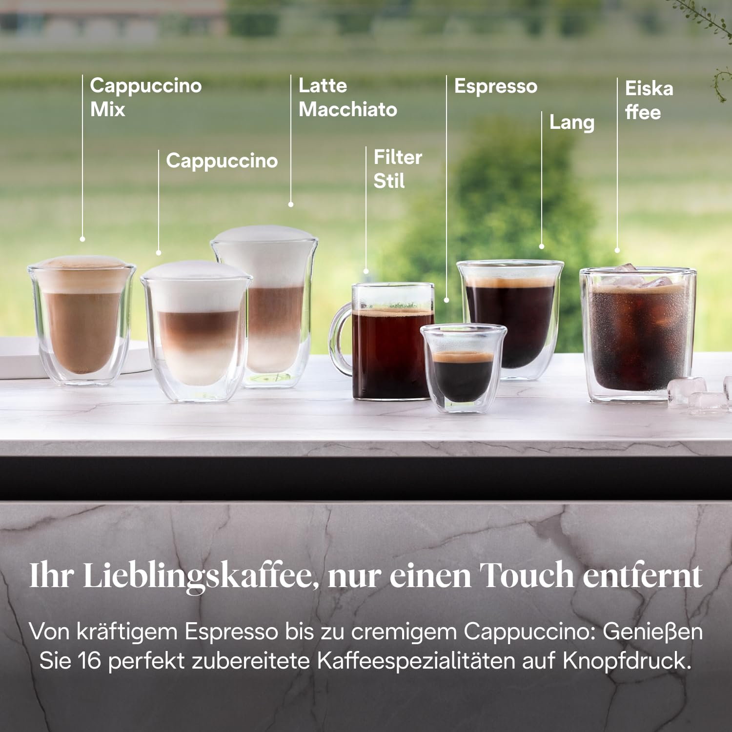 Kaffeevollautomat Rivelia 16 Getränke 1,4 l 3,5-Zoll-Touchdisplay austauschbare Bohnenbehälter LatteCrema Milchsystem Weiß