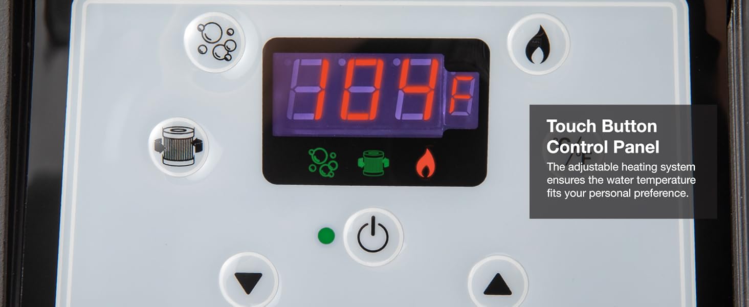 Touch panel showing 104°F with icons for heat, bubbles, filter, and temperature adjustment.