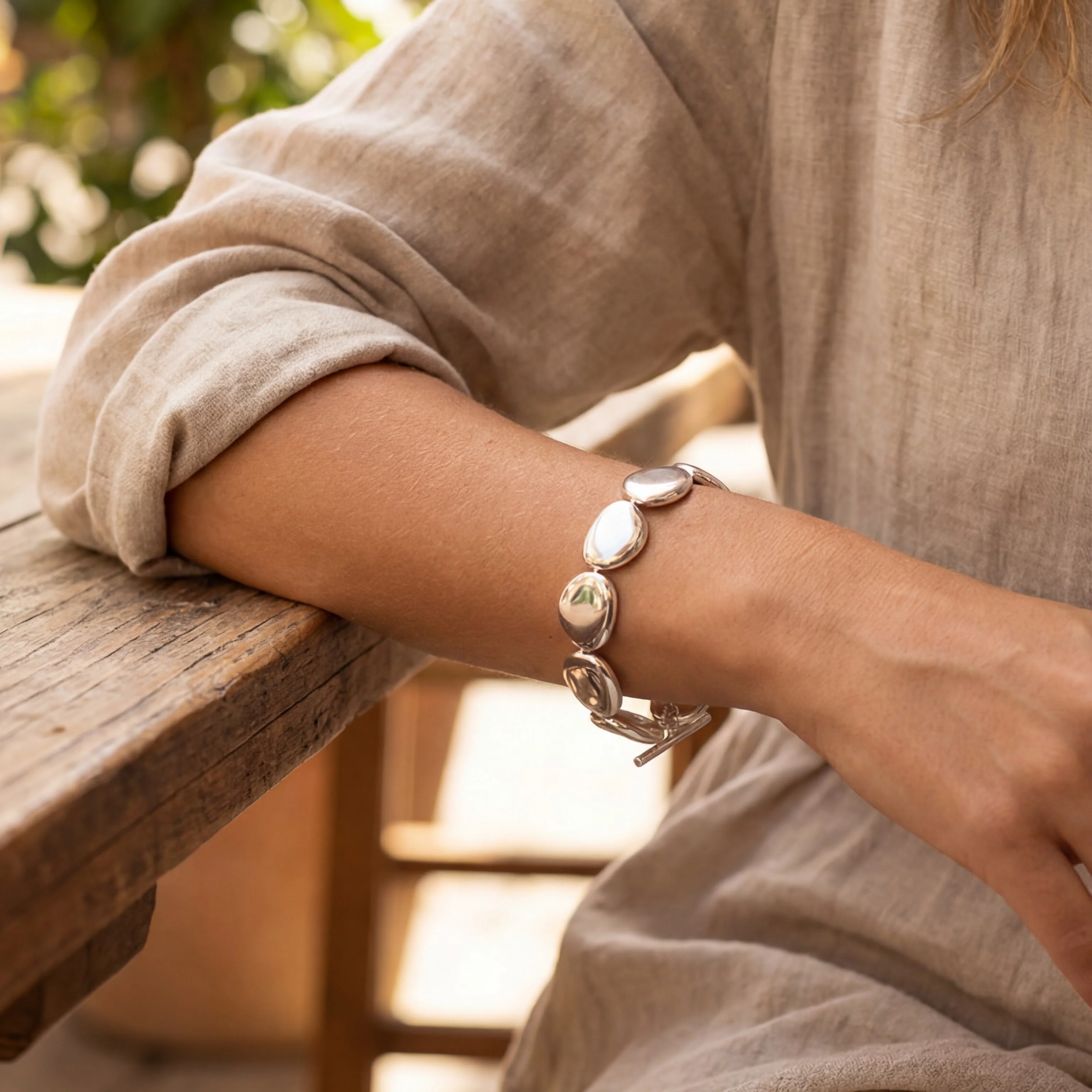 Puffed Stone T-Bar Bracelet �C 925 Sterling Silver Sculptural Statement