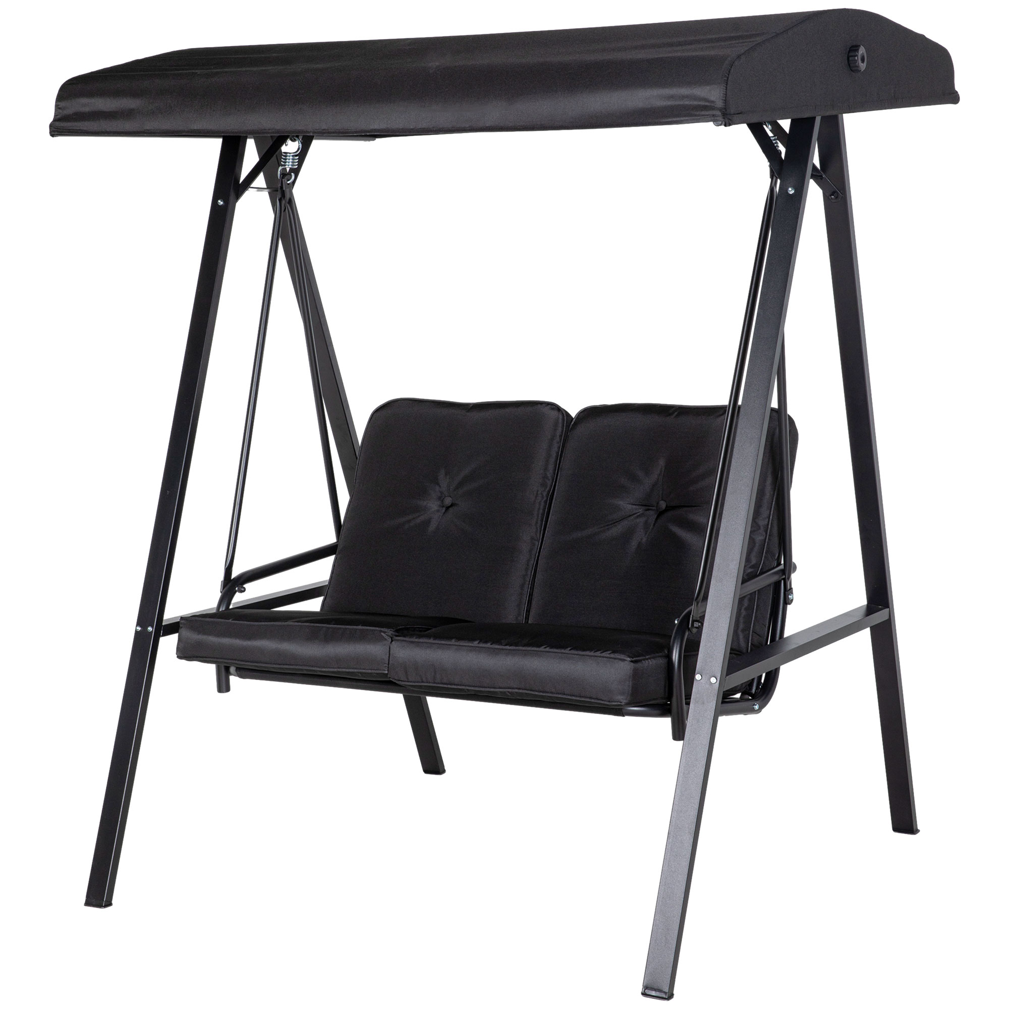 Outsunny Hollywoodschaukel, 2-Sitzer Gartenschaukel mit verstellbarem Dach, bis 220 kg belastbar, 145 x 116 x 172 cm, Schwarz