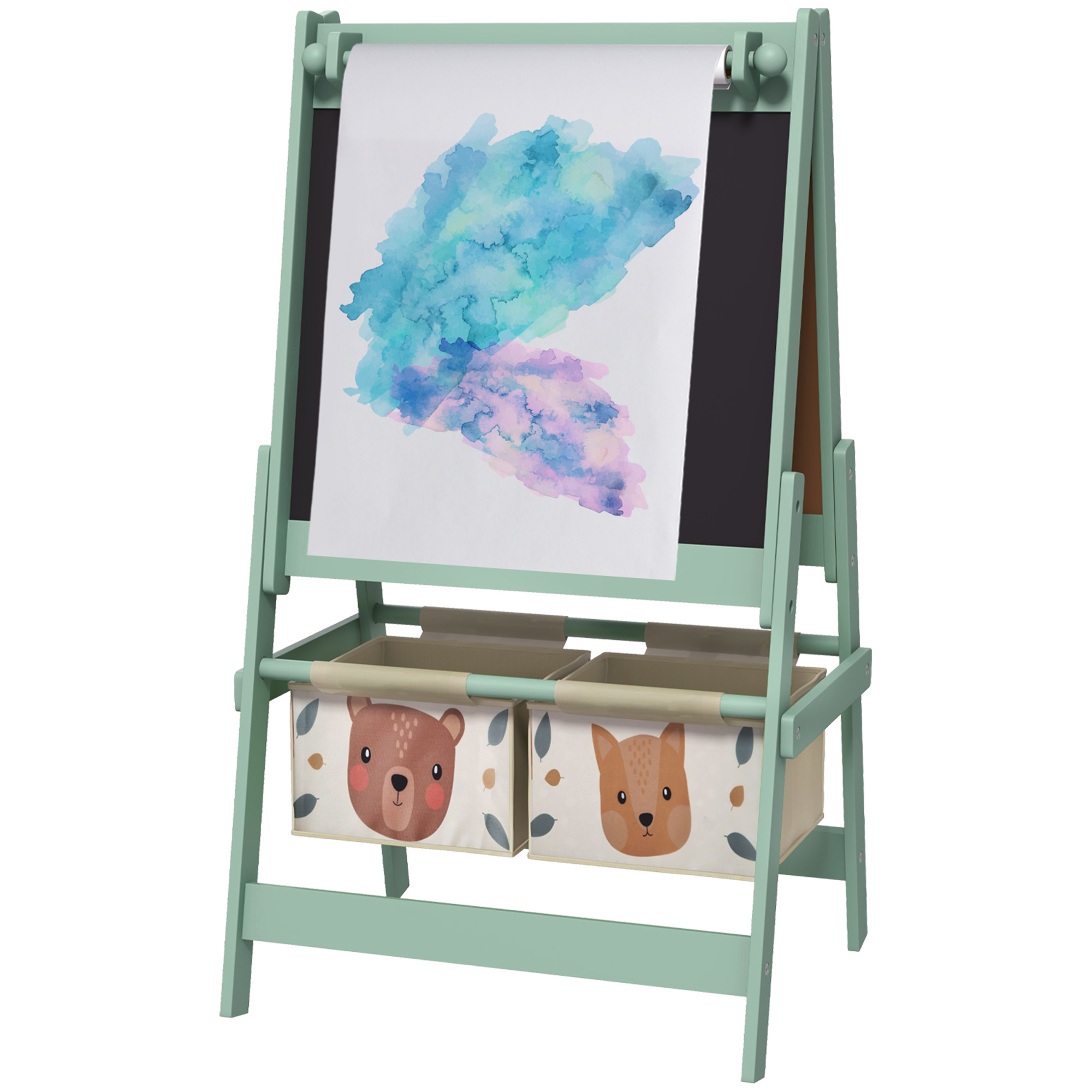 AIYAPLAY 3-in-1 Kinder Staffelei mit Papierrolle, Kreidetafel, Whiteboard, Aufbewahrungskörbe, 54 x 46,5 x 93 cm, grün