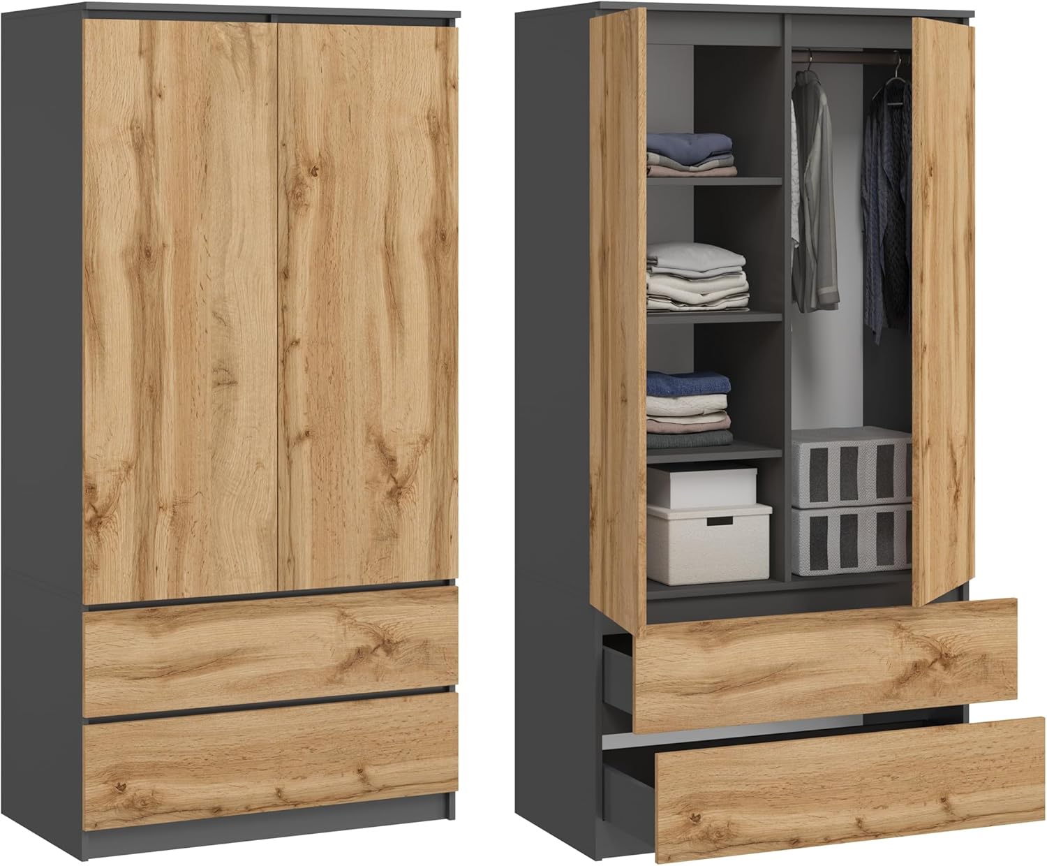 Large Wardrobe with 2 Doors, 2 Drawers, 4 Shelves & Clothes Hanger, Multi-Purpose Wardrobe, 180 x 90 x 50.5 cm (Graphite/Wotan Oak)