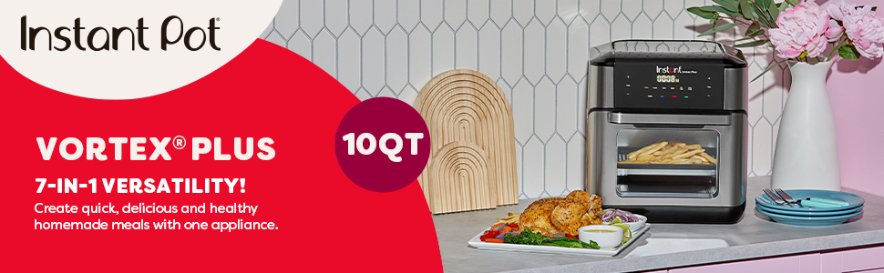 Vortex Plus Air Fryer, showcasing the air fryer on a kitchen counter with dishes.