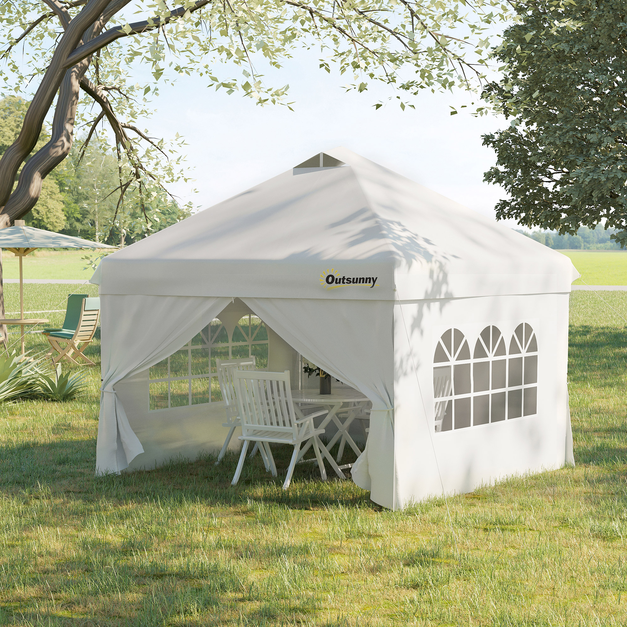 Outsunny Pop-Up Gartenpavillon Barnum 3x3 m mit höhenverstellbarer Gestell, 4 abnehmbaren Seitenwänden, Fenstern, rollbare Transporttasche - Weiß