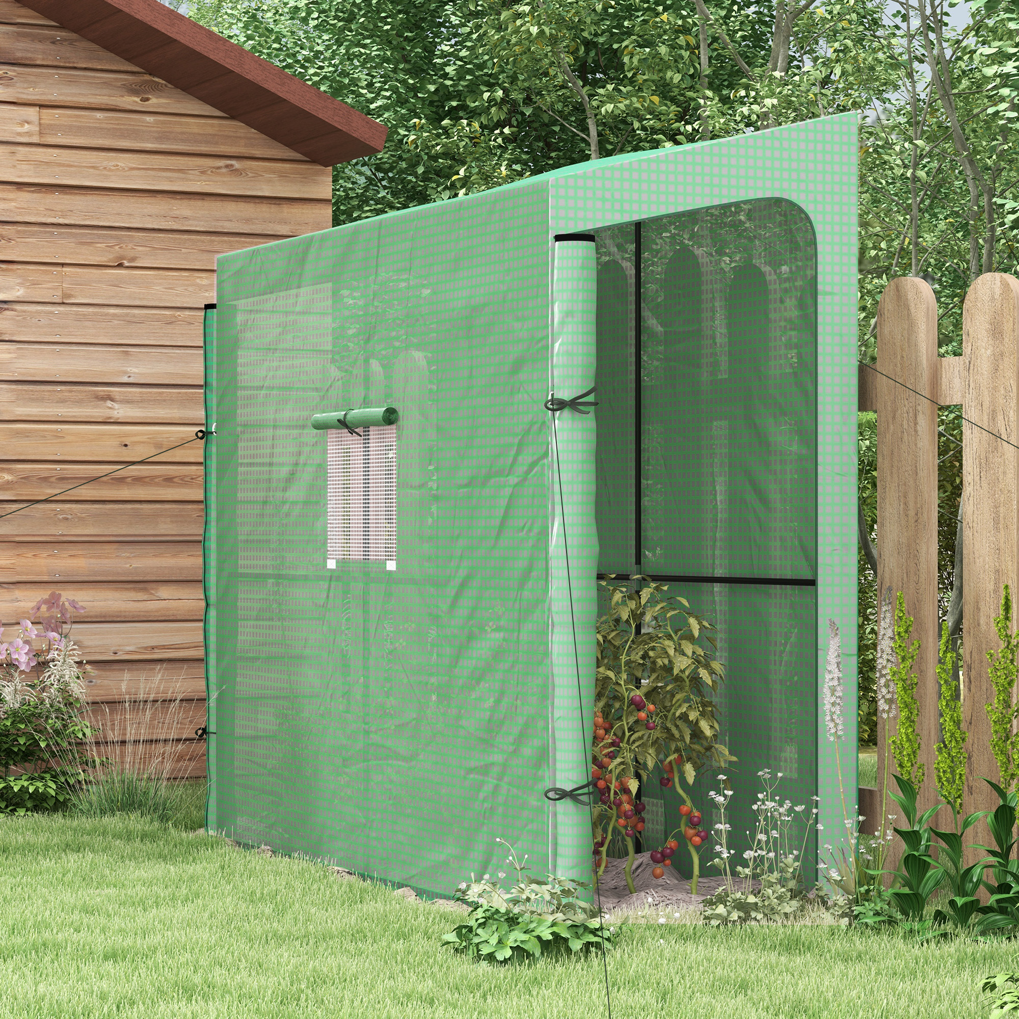 Outsunny Anlehn-Gewächshaus Frühbeet Treibhaus, aufrollbare Türen, wetterbeständig, 200 cm x 80 cm x 200 cm, Grün