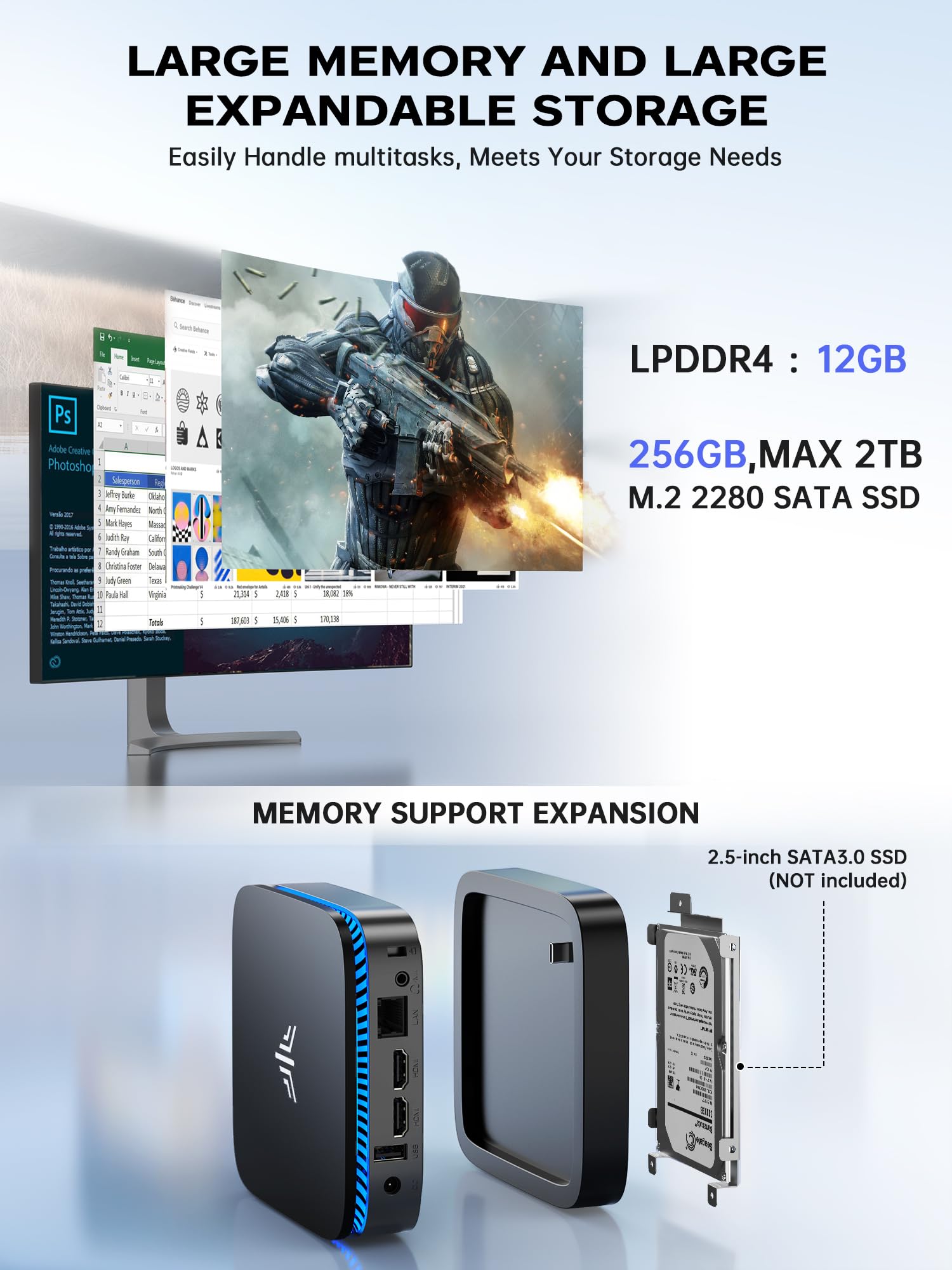Mini PC Intel Pentium N5030 mit 12 GB RAM und 256 GB SSD Windows 11 Pro 4K Dual-HDMI WLAN 5 Bluetooth 4.2