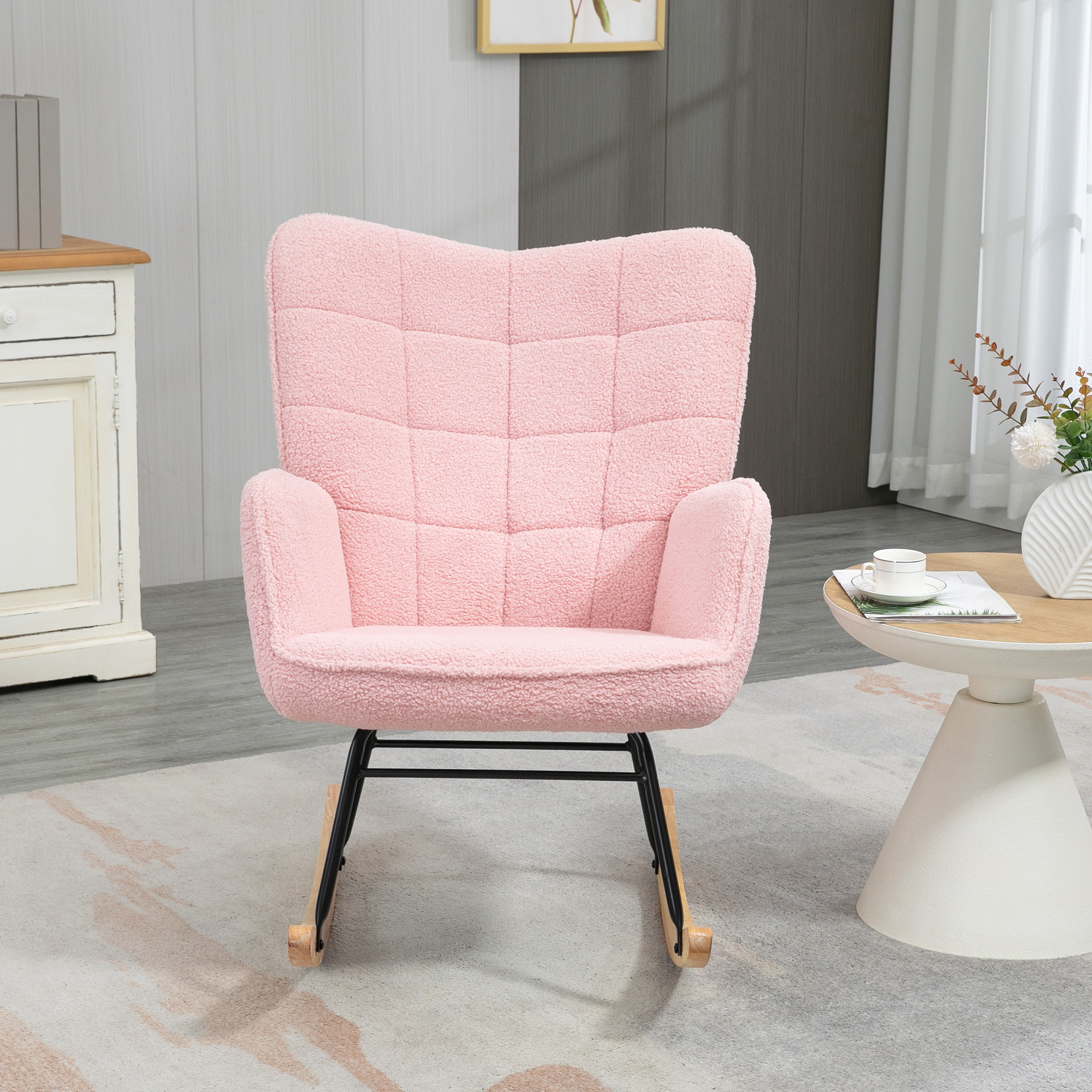 Schommelstoel in retro design, relaxfauteuil, massief hout, roze