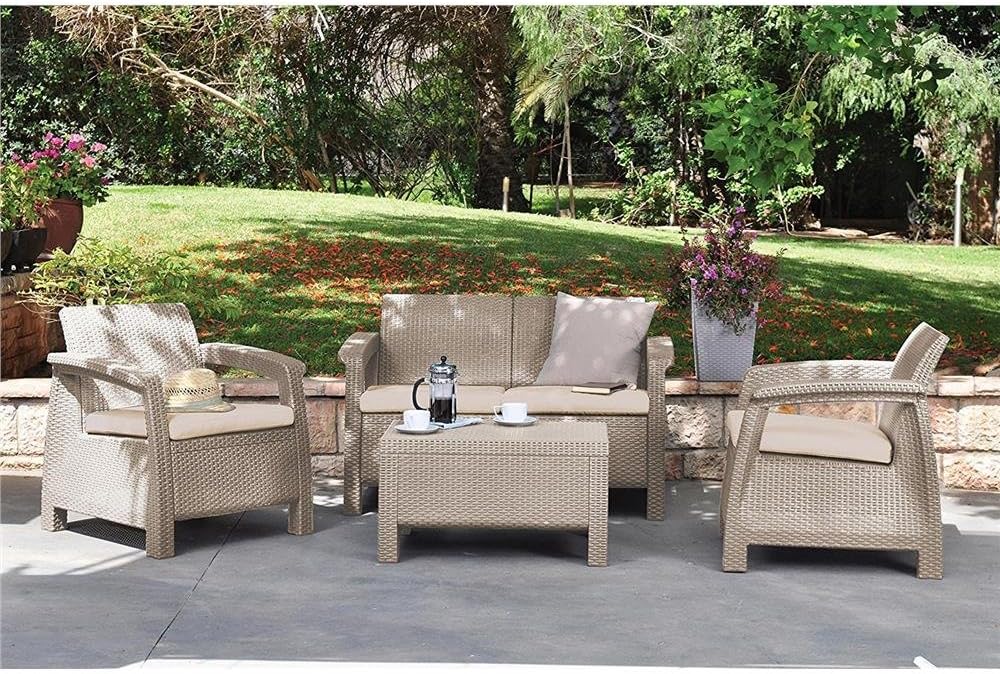 Keter Corfu Garden Living Room, Consisting of Two Armchairs, Sofa and Coffee Table, Cushions Included, Made with Characteristic Braided Finish, Cappuccino Colour