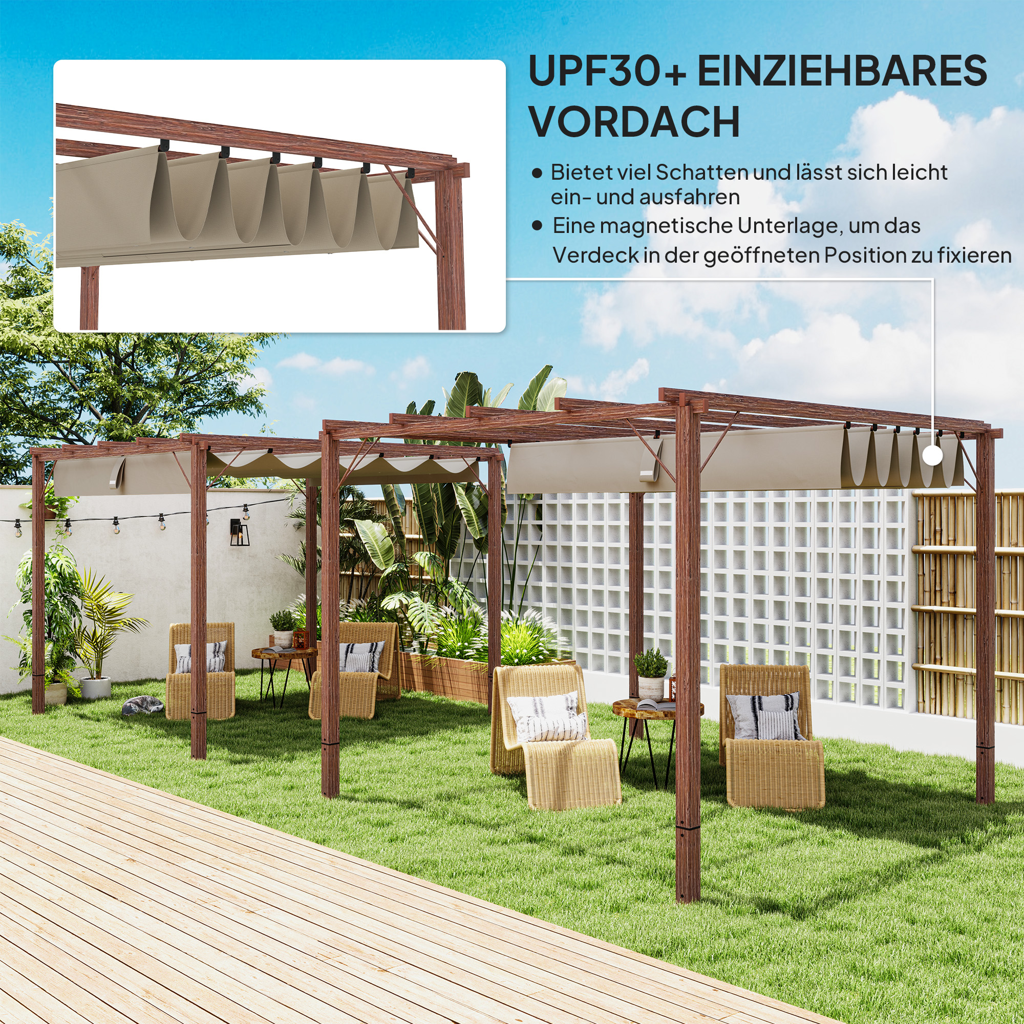 Outsunny 3 x 3 m Tuin-Pergola, Verstelbaar Terrasdak, Aluminium Frame, UPF30+ Zonbescherming, Natuurlijk Hout