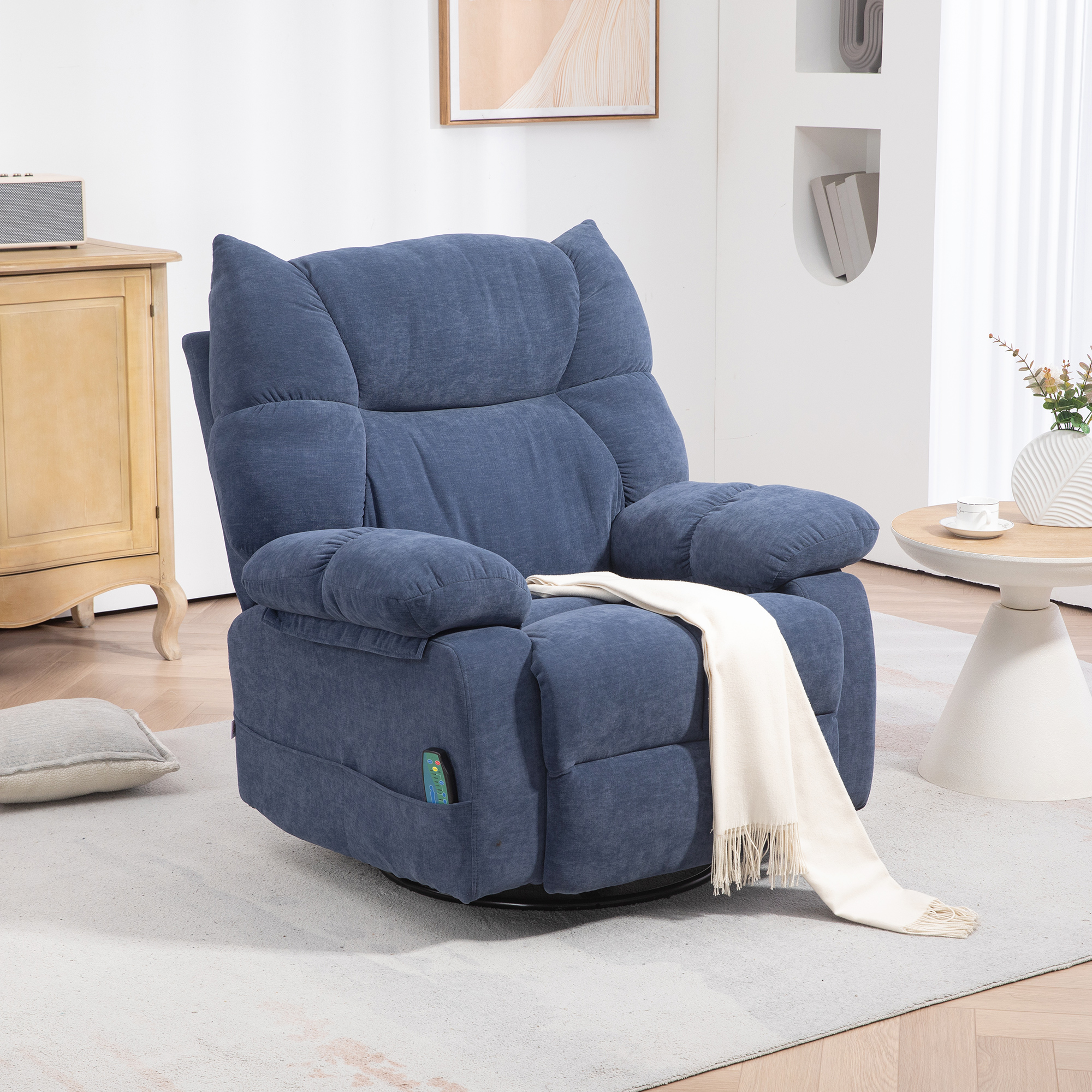 HOMCOM Massagestoel met Warmte- & Ligfunctie, Draaibaar, tot 150 kg, Metalen Frame, 98x90x98cm, Blauw