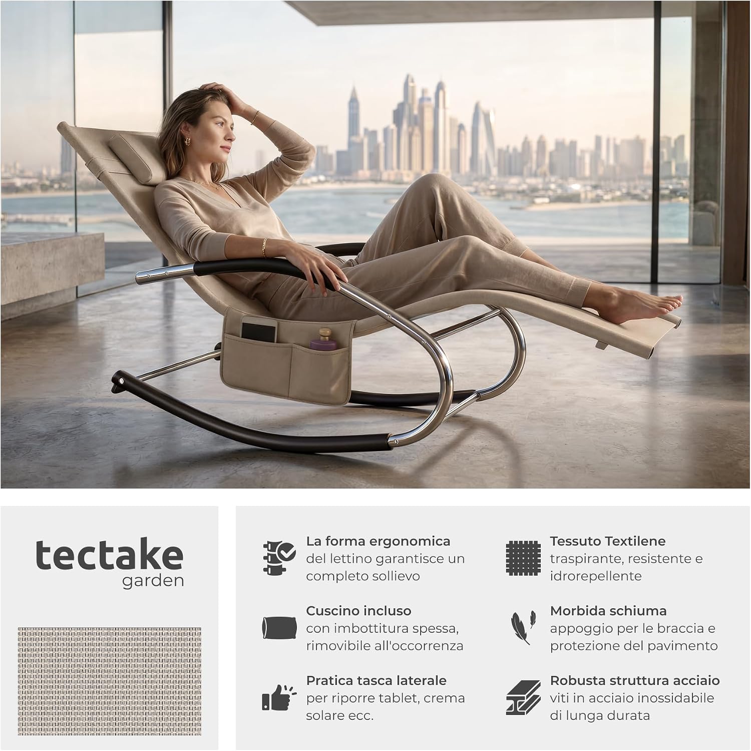 tectake® Set da 2 Sedie a dondolo, Lettino prendisole a Dondolo da giardino, Sdraio da Giardino, Cuscino Rimovibile, Telaio in Acciaio, Braccioli Imbottiti, tessuto Traspirante Idrorepellente - Beige