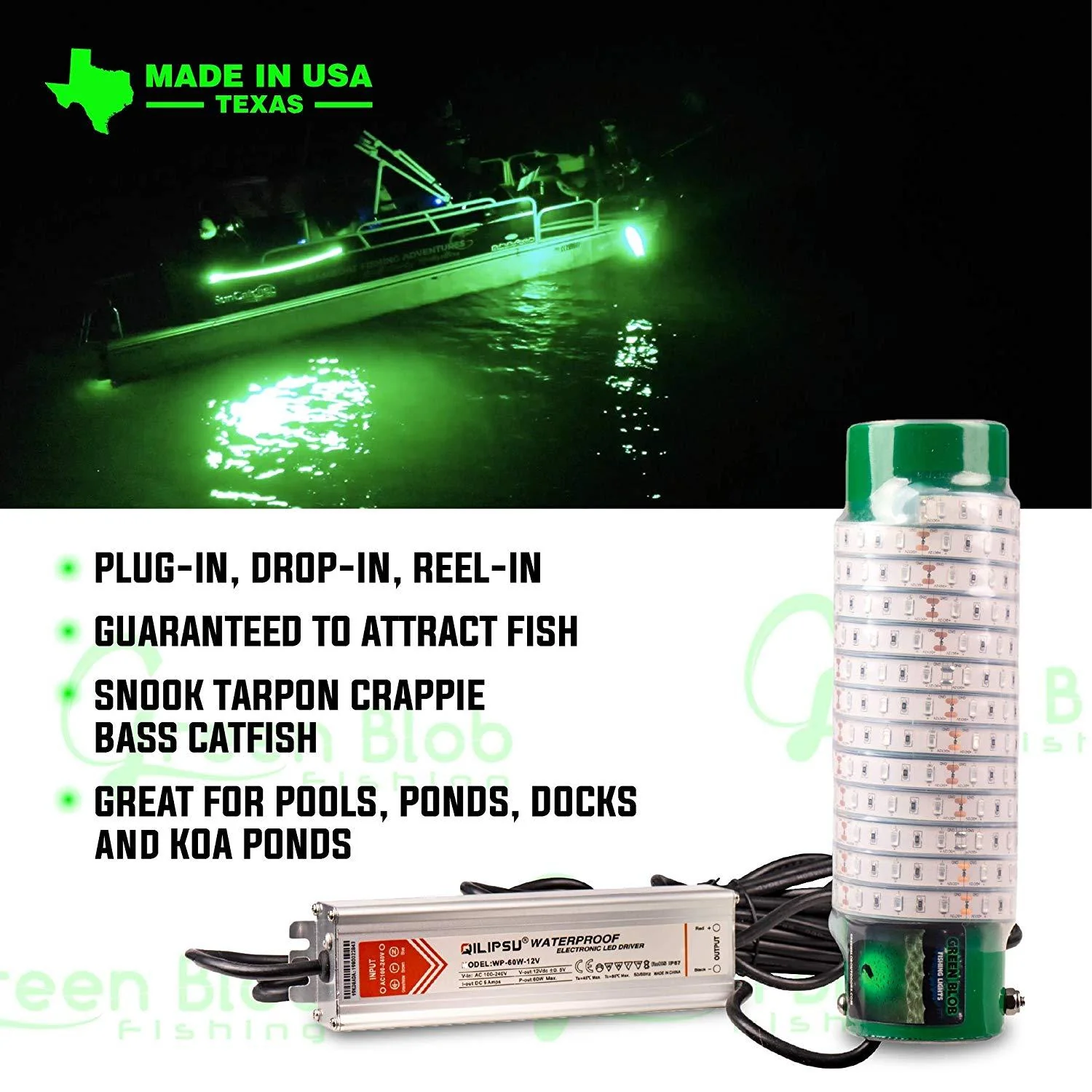 White Blob Underwater Dock Fishing Light 110v AC adapter and 3 prong plug