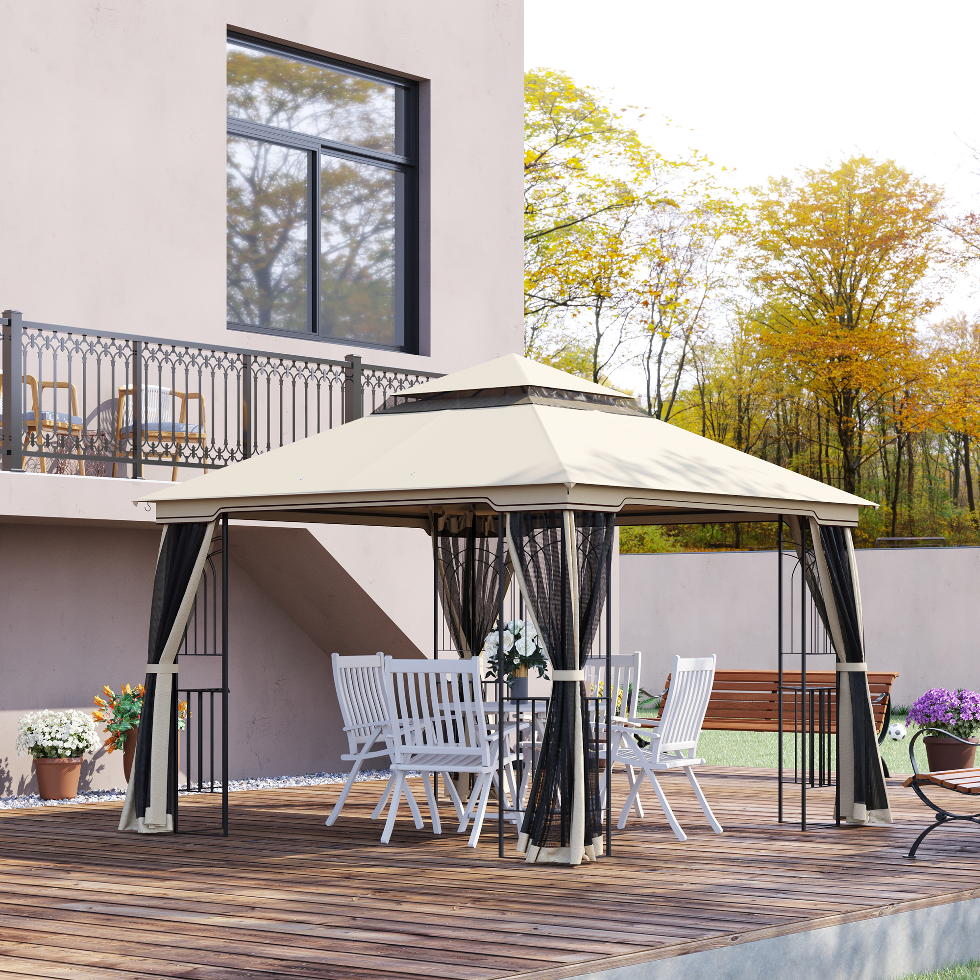 Outsunny Gartenpavillon mit Doppeldach Pavillon Gartenzelt Festzelt Partyzelt mit 4 x Seitenwand Metall+Polyester Beige 2,99 x 2,99 x 2,74 m