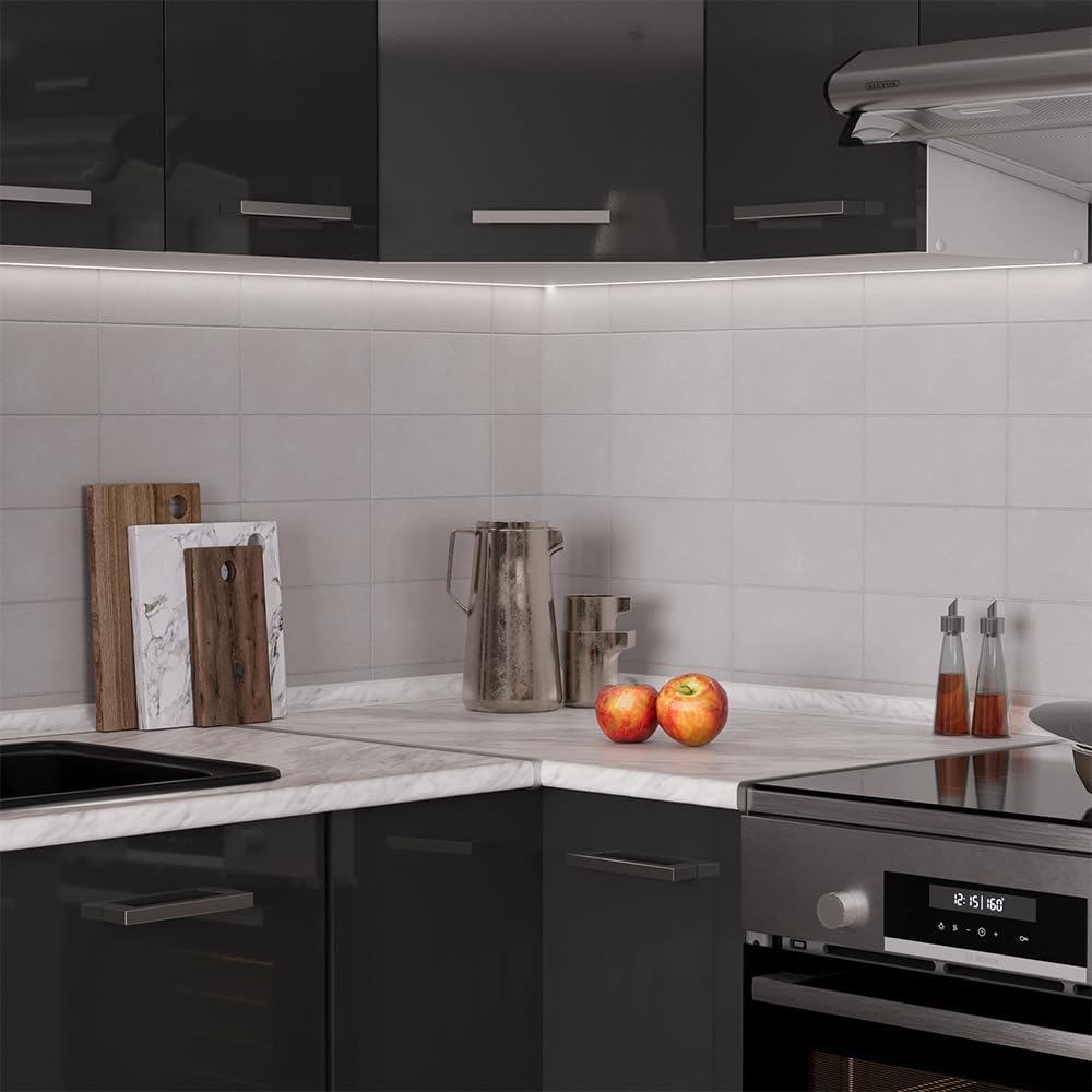 Vicco Cucina angolare completa Rick, Antracite lucido/bianco, 190 x 60 cm, PL Marmo