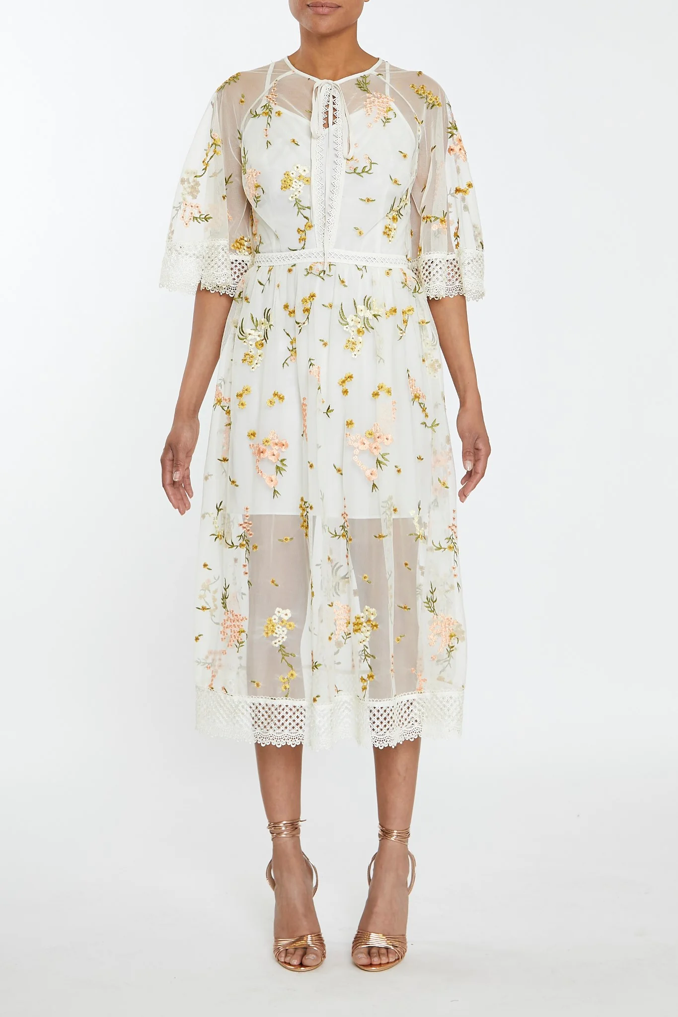 Eva Nude-Pink Embroidery Lace Trim Angel Sleeve Midi-Dress