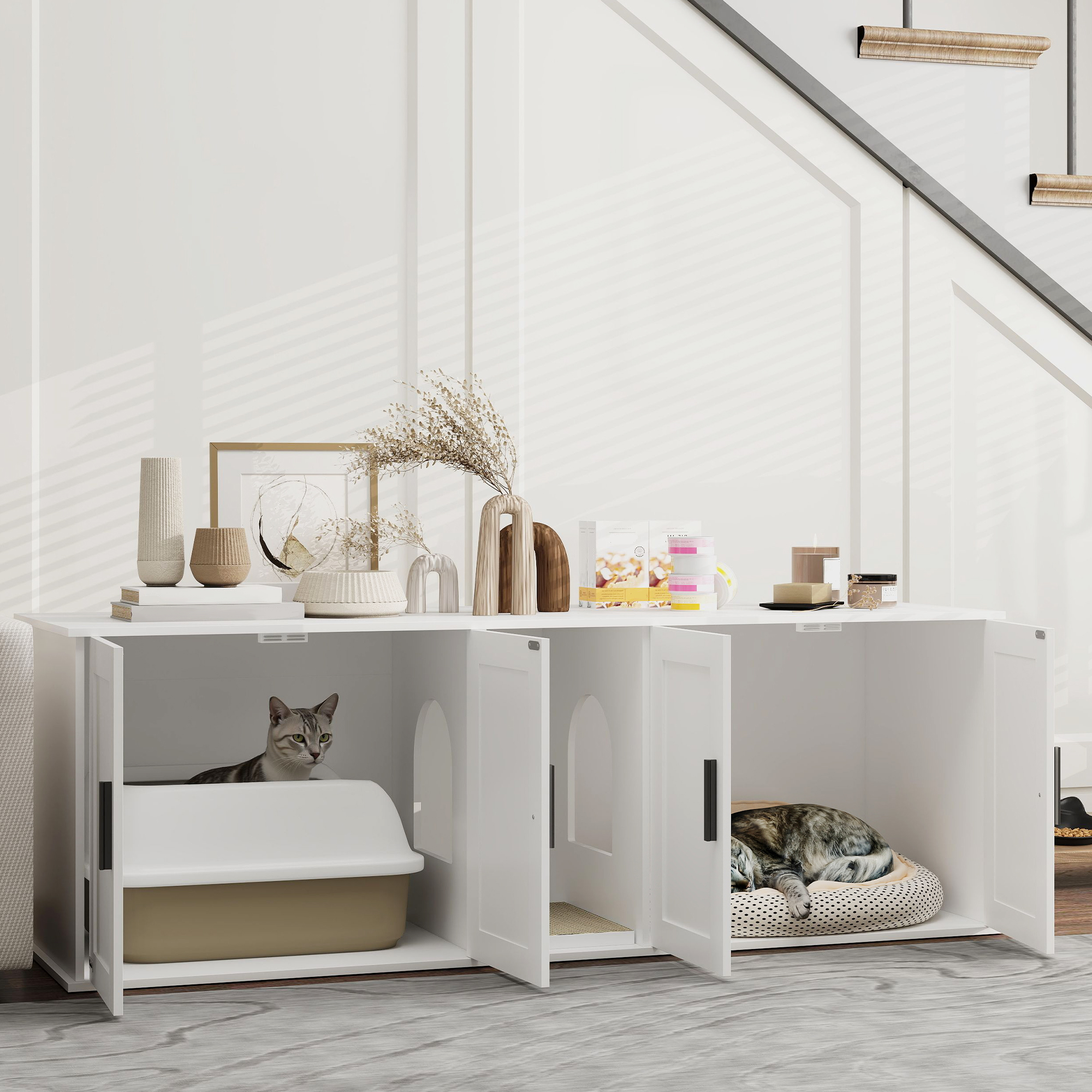 PawHut Multifunctionele kattentoilet kast met scheidingswand voor grote katten 145 x 49 x 51 cm Wit