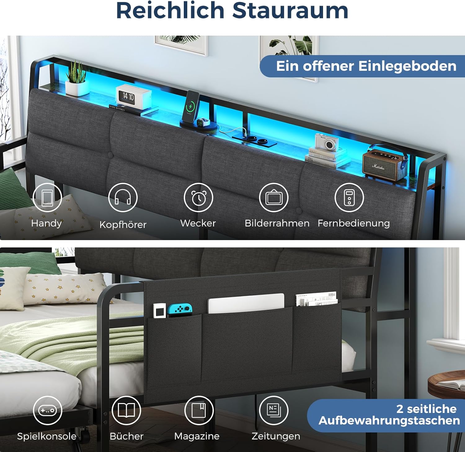 Brinlawb Schlafsofa mit Ausziehbett, Tagesbett 90x200(180x200) cm, Tagesbett Ausziehbar mit LED Beleuchtung und Ladestation (2 AC-Steckdosen, 2 USB-Anschlüsse) Einzelbett und Doppelbett, Gästebett