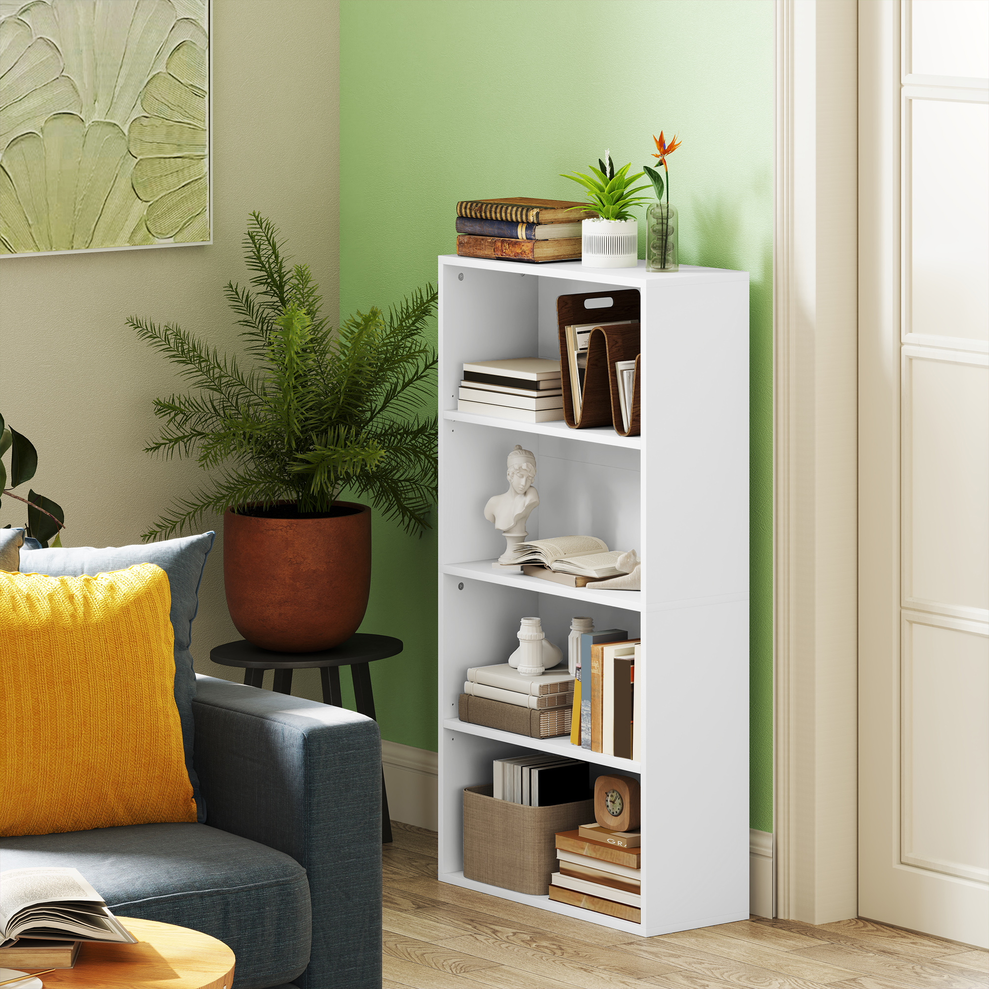 HOMCOM Bücherregal mit 4 Regalen und 2 Flexiblen Regalen, aus Holz, 60x24x115,5 cm, Weiß