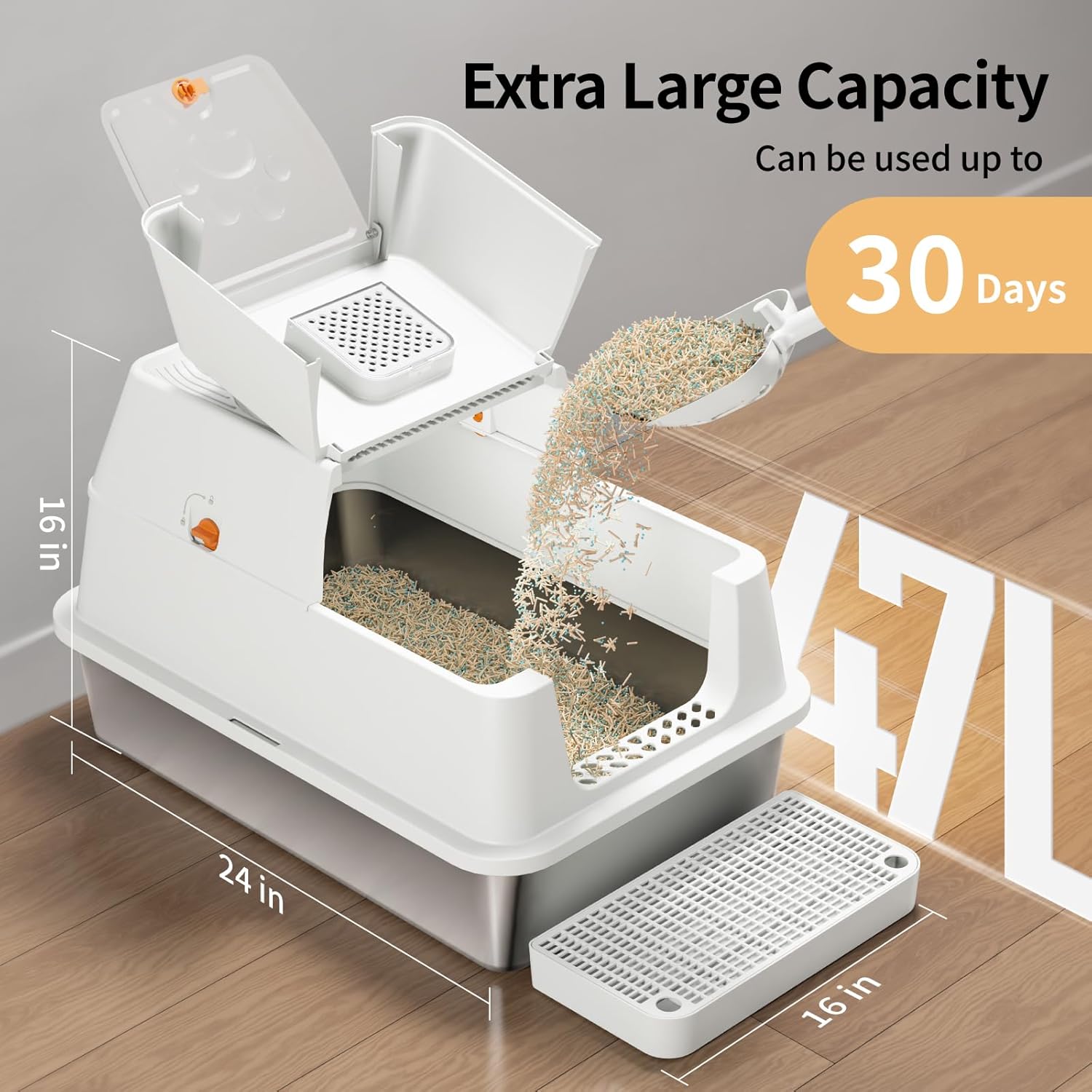Lettiera per Gatti in Acciaio Inox, Lettiera Gatto Chiusa XXL, Lettiera Gatto Grande con Pala in Metallo, Doppio Strato Opaco Toilette per Gatti Grande - Grigio