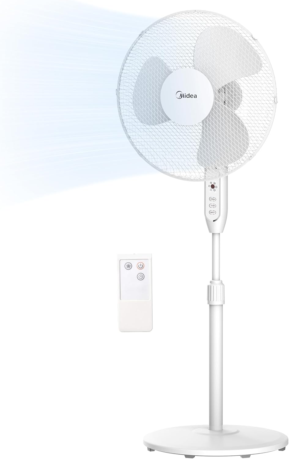 Midea MFS400M0APW0 Floor Fan, 40W Silent Fan, 7 Hours Timer with Remote Control, 3 Speed Levels, 90° Oscillation, Adjustable Height from 1.1 to 1.3 m, White