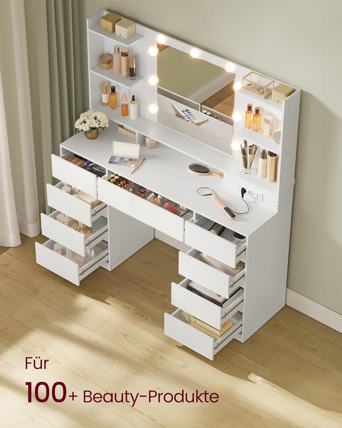 VASAGLE Kailyn Kollektion - Schminktisch mit Spiegel und LED-Leuchten, Steckdosenleiste, 9 Schubladen, 9 dimmbare Glühbirnen, 3 Lichtfarben, werkzeuglose Gleitschienen, wolkenweiß RDT141WB02