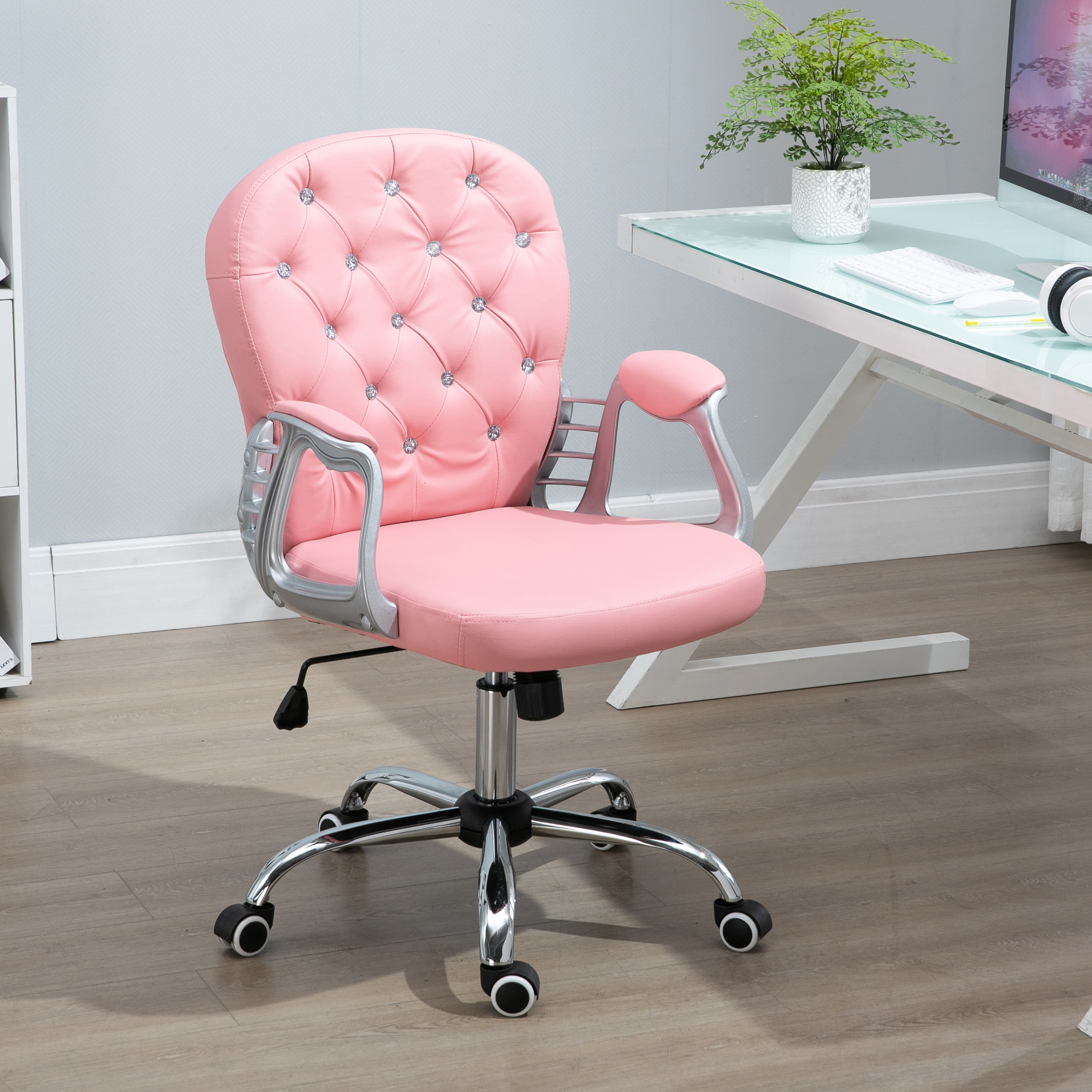 Vinsetto Bürostuhl, Ergonomisch Schreibtischstuhl mit Armlehne, Gepolsterter Rückenlehne, Höhenverstellbar Computerstuhl mit Kunstlederoptik, Drehstuhl für Home Office, Rosa