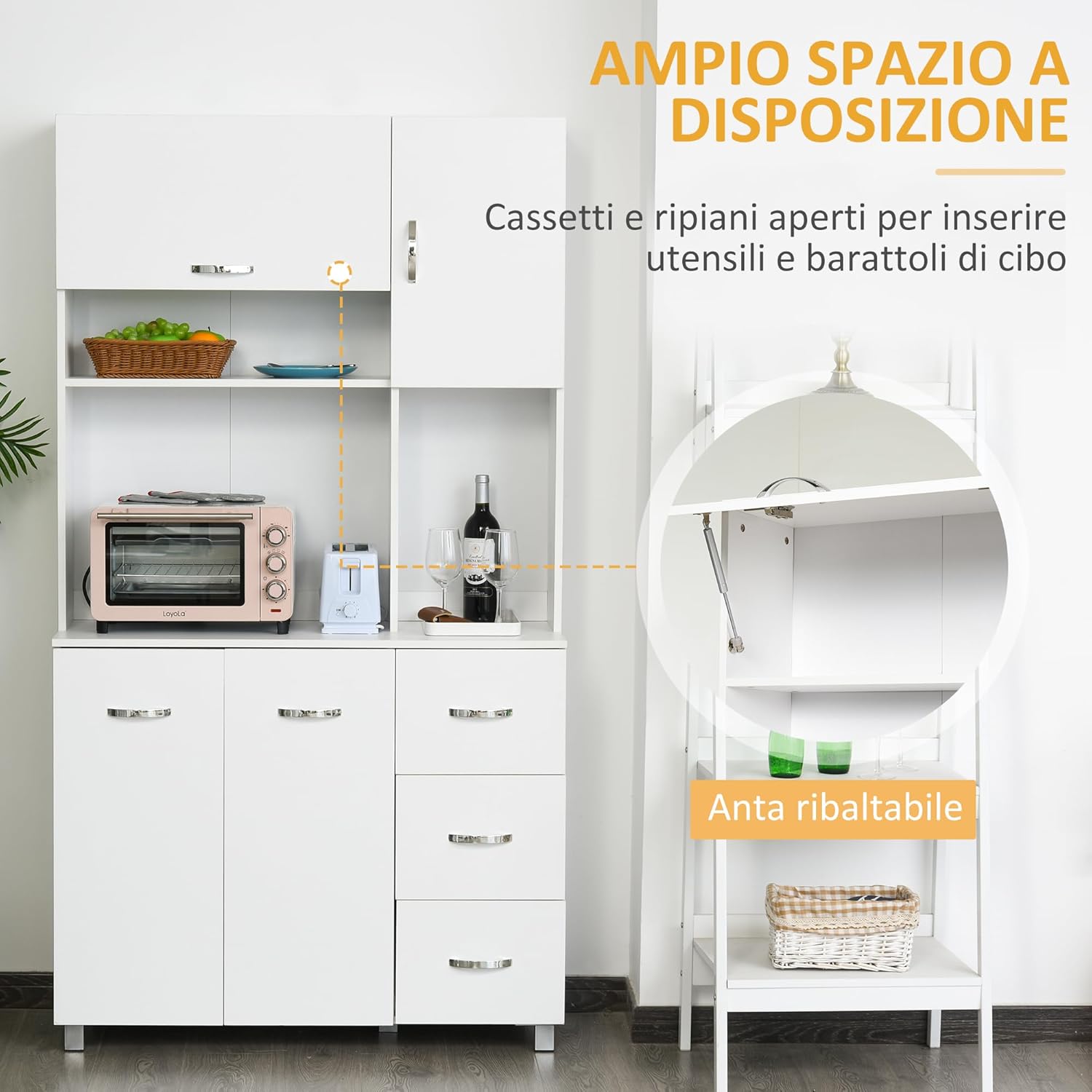 HOMCOM Credenza Alta Moderna con Cassetti e Armadietti, Mobile Cucina per Microonde con Ripiani Aperti, 100x39.5x183.5cm, Bianco