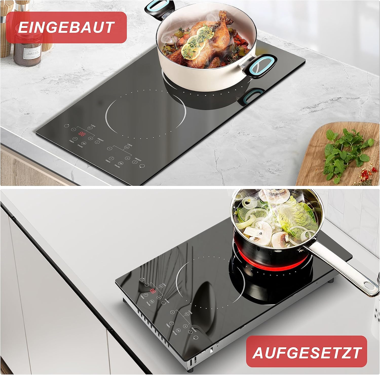 Glaskeramikkochfeld 4 Zonen Kochfelder Sensor-touch Control Kochfeld Autark 60cm, 6000W, 9 Leistungsstufe, verkabelt, kein Stecker