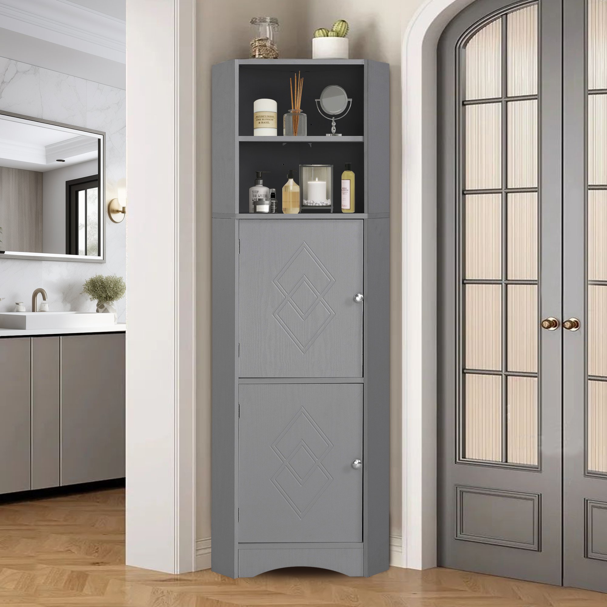 Badezimmerschrank - Eck-Badschrank 36x36x155 cm, Wasserdichter Eckschrank für Bad, Minimalistischer Kleinschrank für Badezimmer, Grau