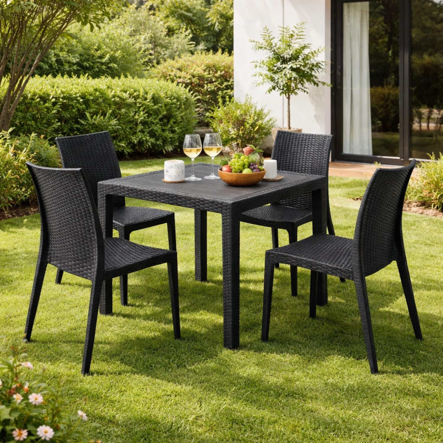 PALUPLUS KIN024F/MAD603F-23.5 Square Table Set with 4 Rattan Chairs, Plastic Anthracite Colour, Table Size 79 x 79 x 72 cm, Chair without Armrests, Outdoor Furniture, Terrace