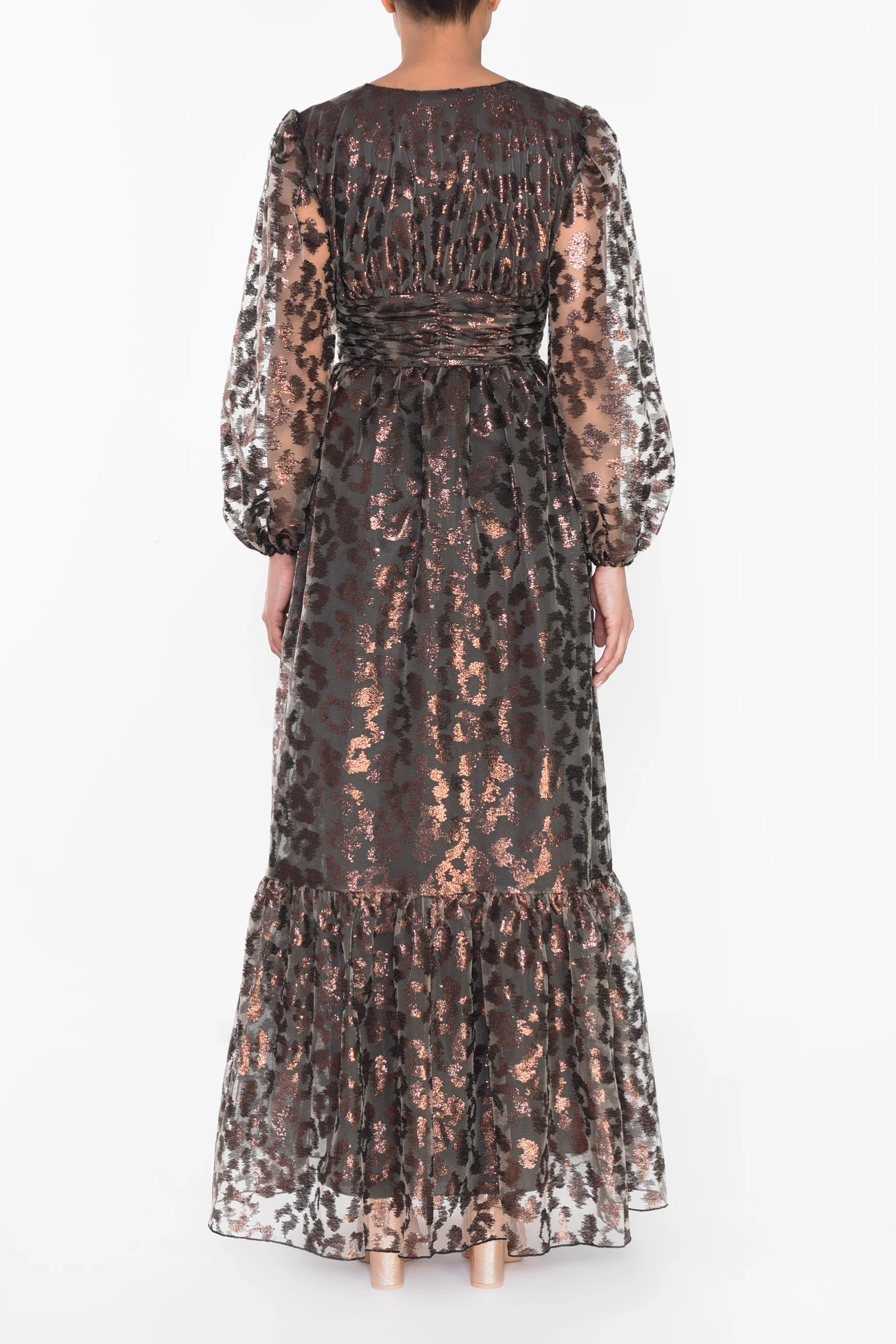 Bronze Metallic Leopard Plunge Button Front Maxi