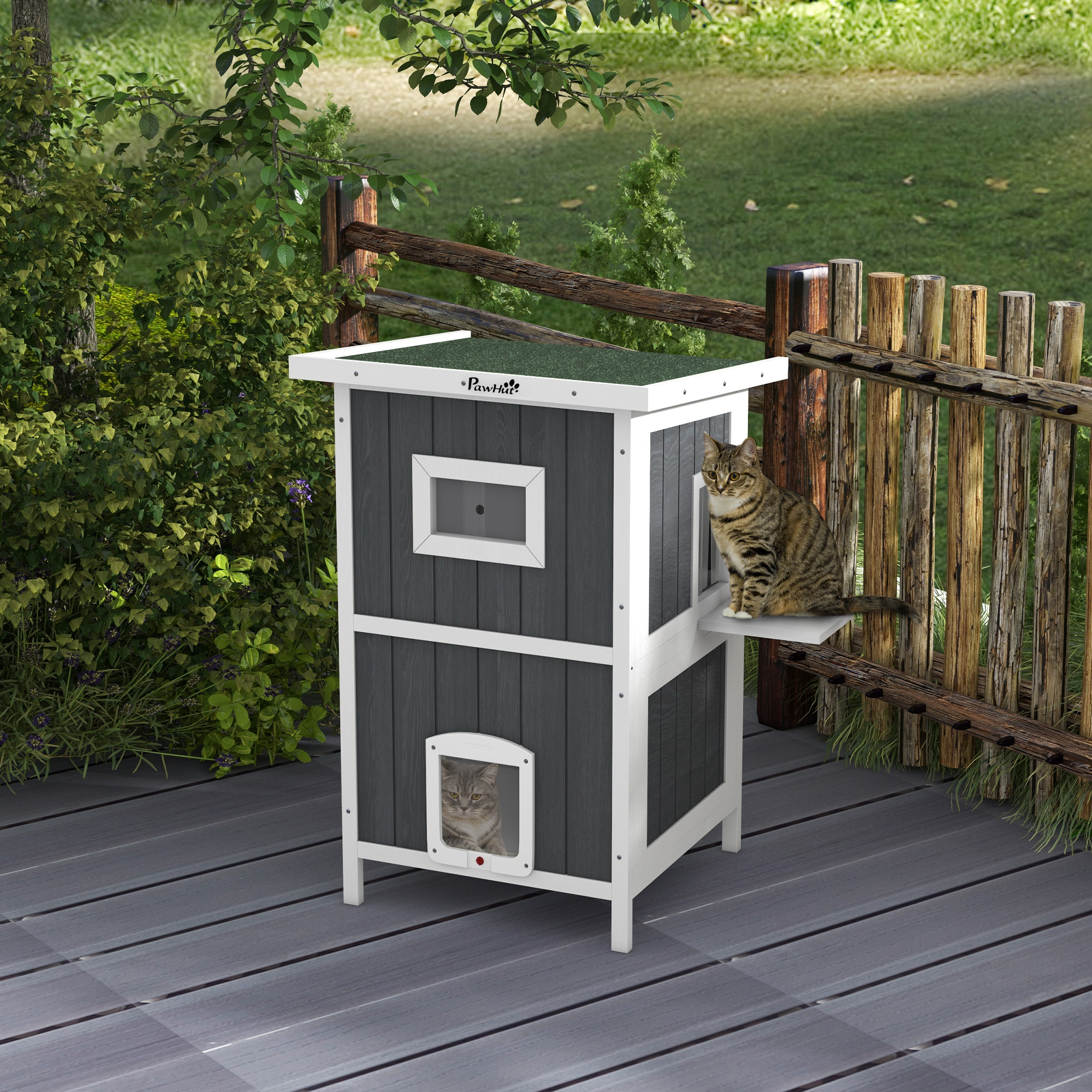 PawHut Katzenhaus Katzenhütte Katzenhöhle, Outdoor, wetterbeständig, 60 x 60 x 90, 5 cm, Grau + Weiß