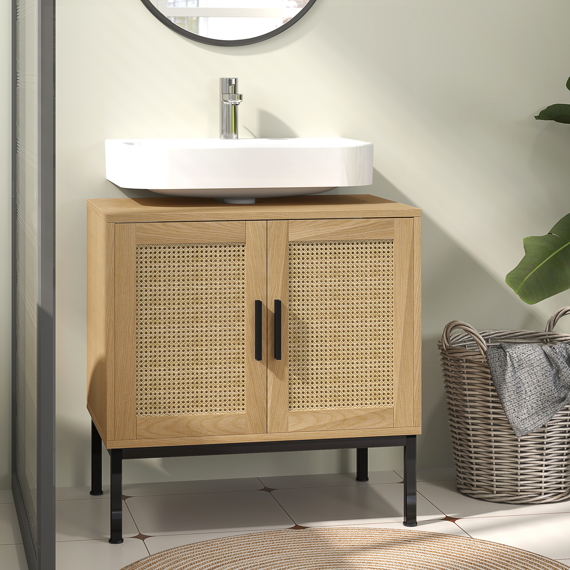 kleankin Badezimmerunterschrank, im Boho-Design, Badezimmerschrank, Rattan-Elemente, mit U-Ausschnitt, Eiche