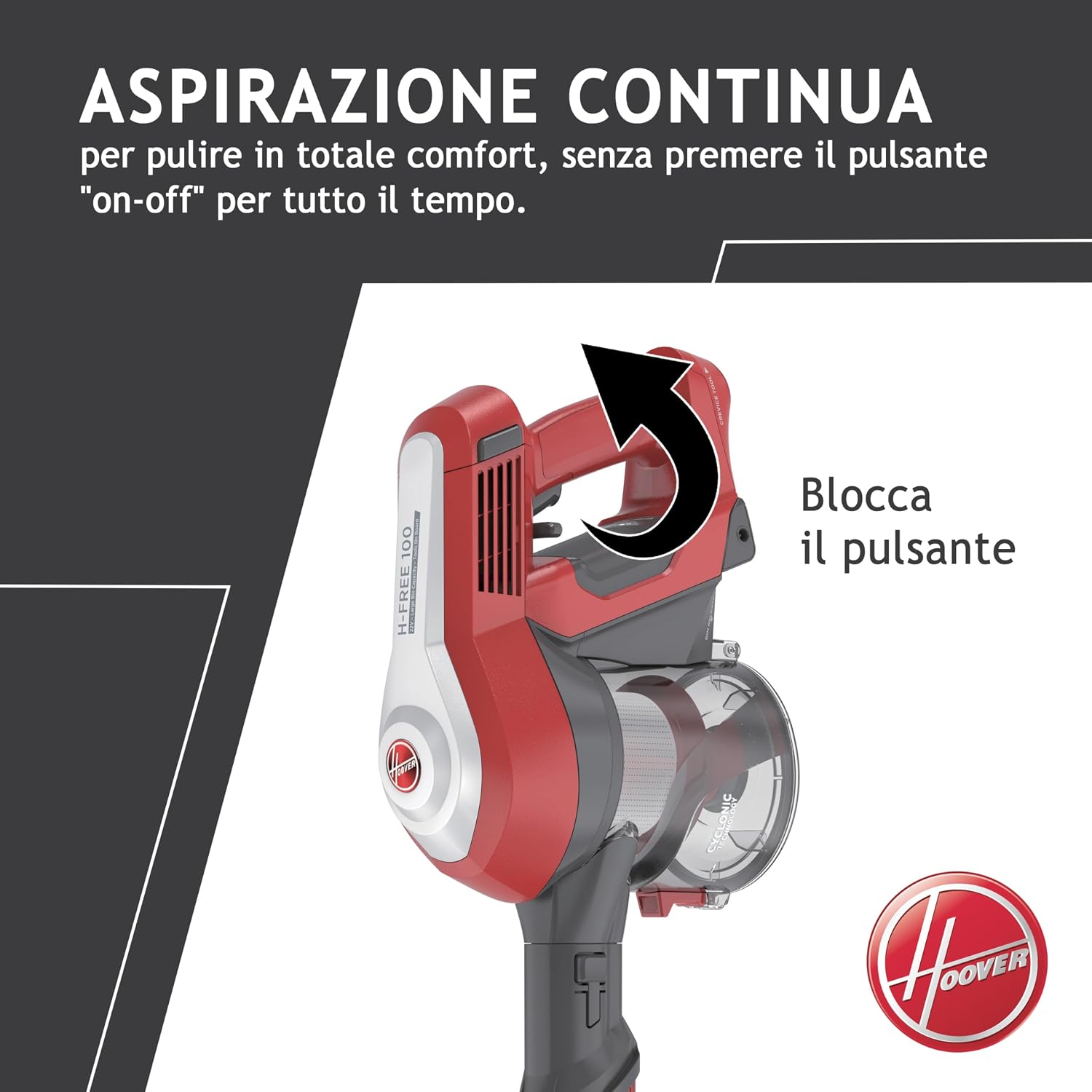 Hoover H-FREE 100 HF122RH 011 Scopa Elettrica Senza Fili, Senza Sacco, Ciclonico, Batteria 22V, Autonomia 40 Min, Grigio