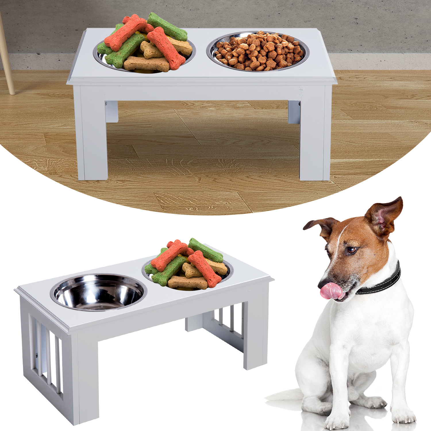 PawHut Hunde-Futterstation, rutschfest, 58,4 x 30,5 x 25,4cm, Weiß, 2L pro Napf