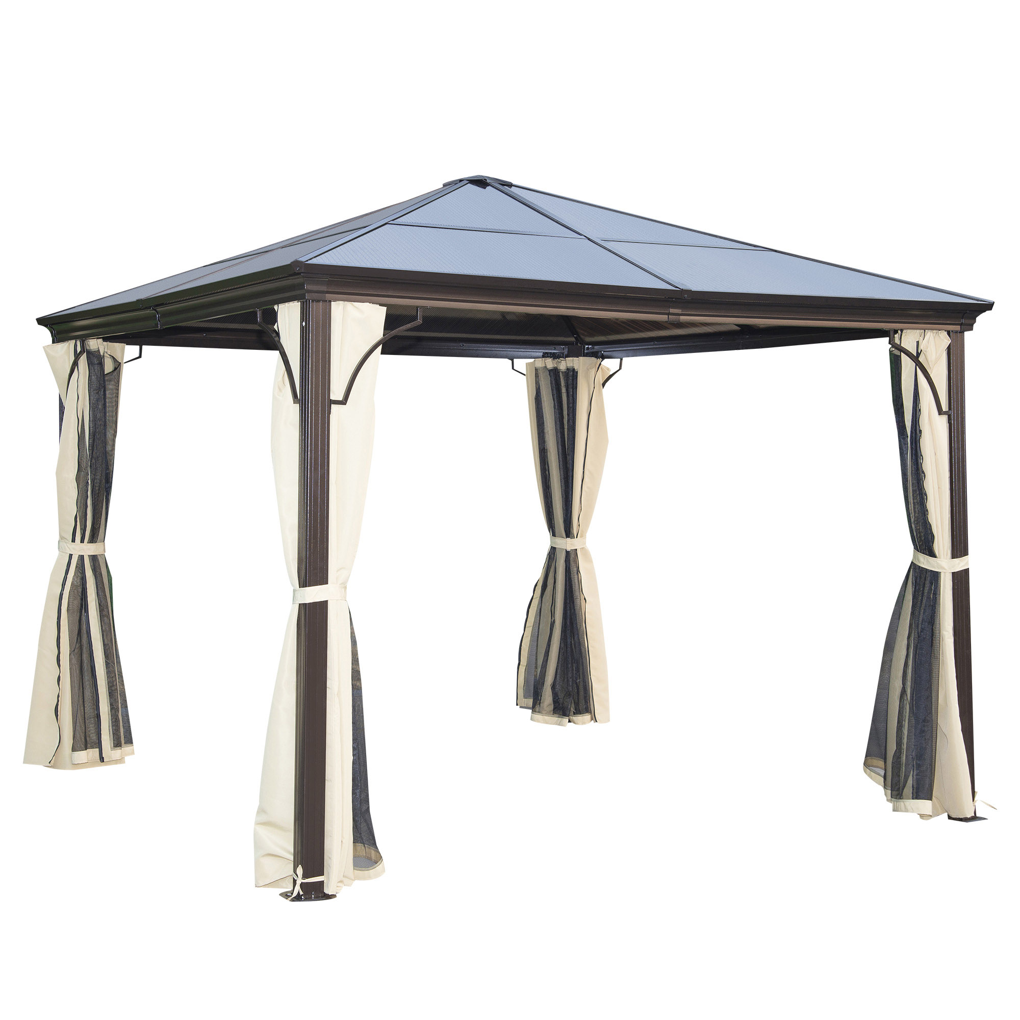 Outsunny Pavillon mit Polycarbonatdach, Vorhänge mit Fliegennetz, Alugestell, braun+beige, 3 x 3 x 2,6 m