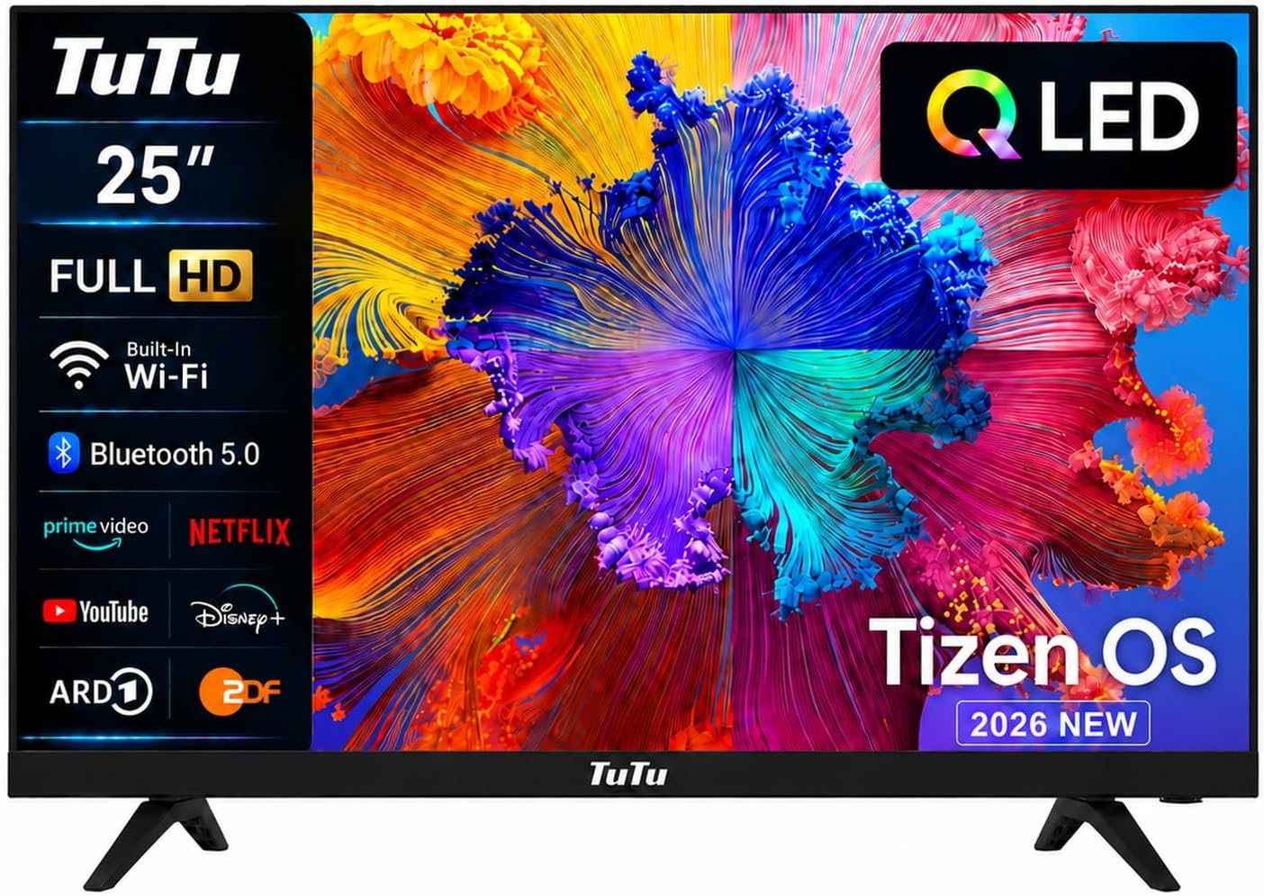 TuTu TU25Q1FQ-T8 Smart TV 25 Pollici (64 cm), QLED Full HD Collegato Televisione con Tizen OS, WiFi, Bluetooth, App Store, AirPlay, Tripla sintonizzatore (DVB-T/T2, DVB-C, DVB-S/S2), Molotov e Altro