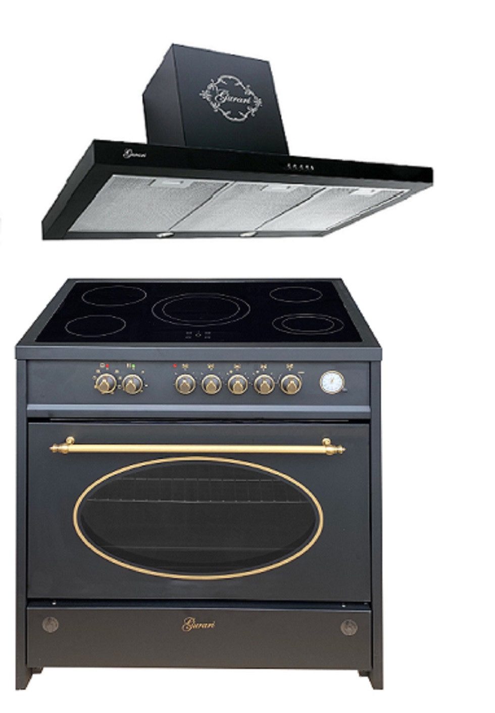 Elektro-Standherd Retro Glaskeramik Herd 90 cm Schwarz Range Cooker Elektro XXL Backofen 121 L mit Dunstabzugshaube 90 cm GCH E 912 BL r+GCH F 461 BL 9.