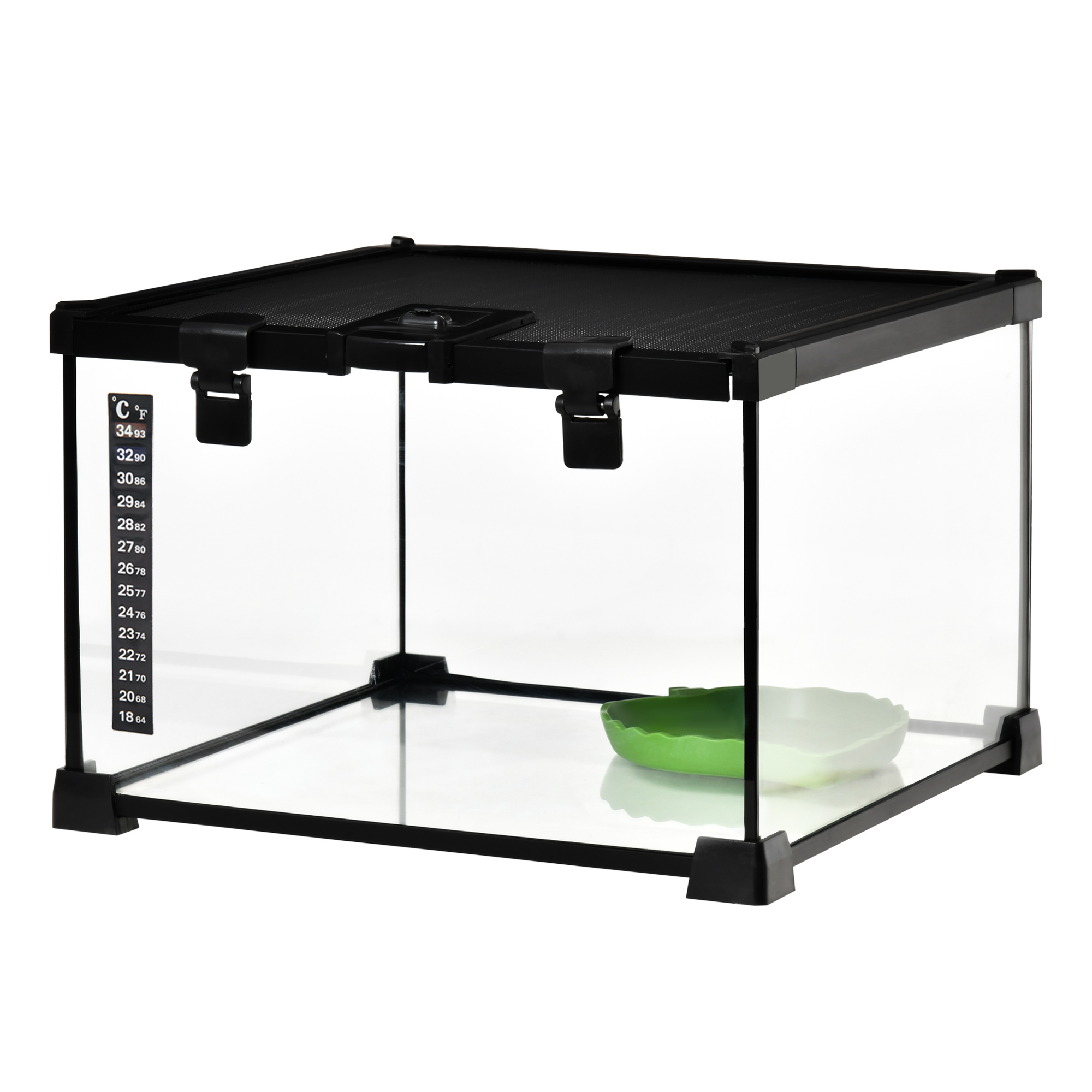 PawHut Terrarium für Reptilien mit Verriegelung und Thermometer, aus Glas und Drahtgitter, 30x30x20 cm, Schwarz