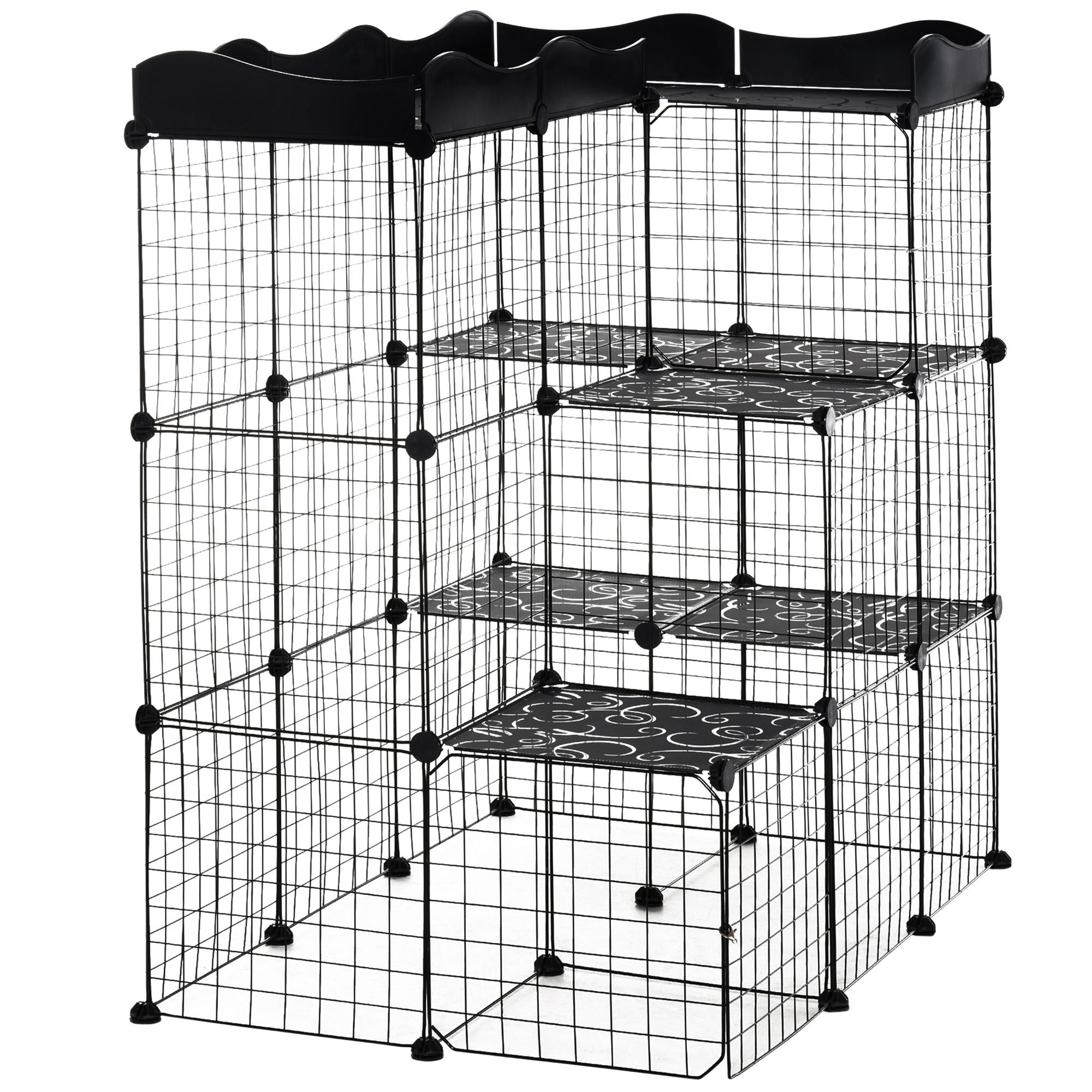 PawHut Käfig Tierpark Gehege für kleine Haustiere Katz Kaninchen modular 3 Ebenen 2 Türen Rampe Drahtgitter 105 x 70 x 116 cm schwarz