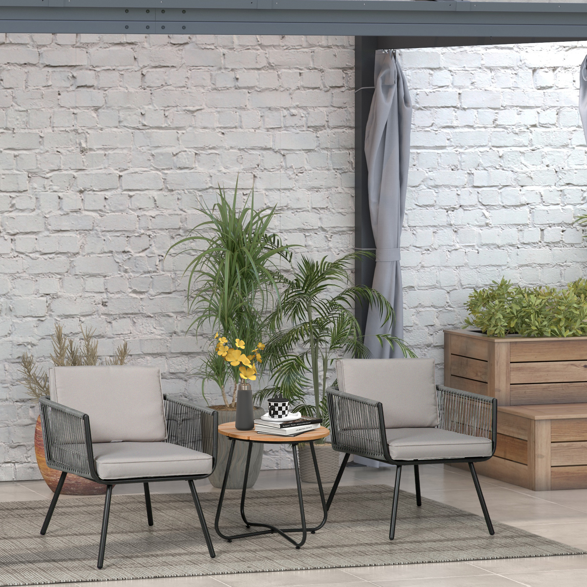 Outsunny Gartenmöbel-Set aus 3-teiligem Kunststoff-Rattan mit Stahlgestell, 2 Sessel + Couchtisch mit Kissen, Grau