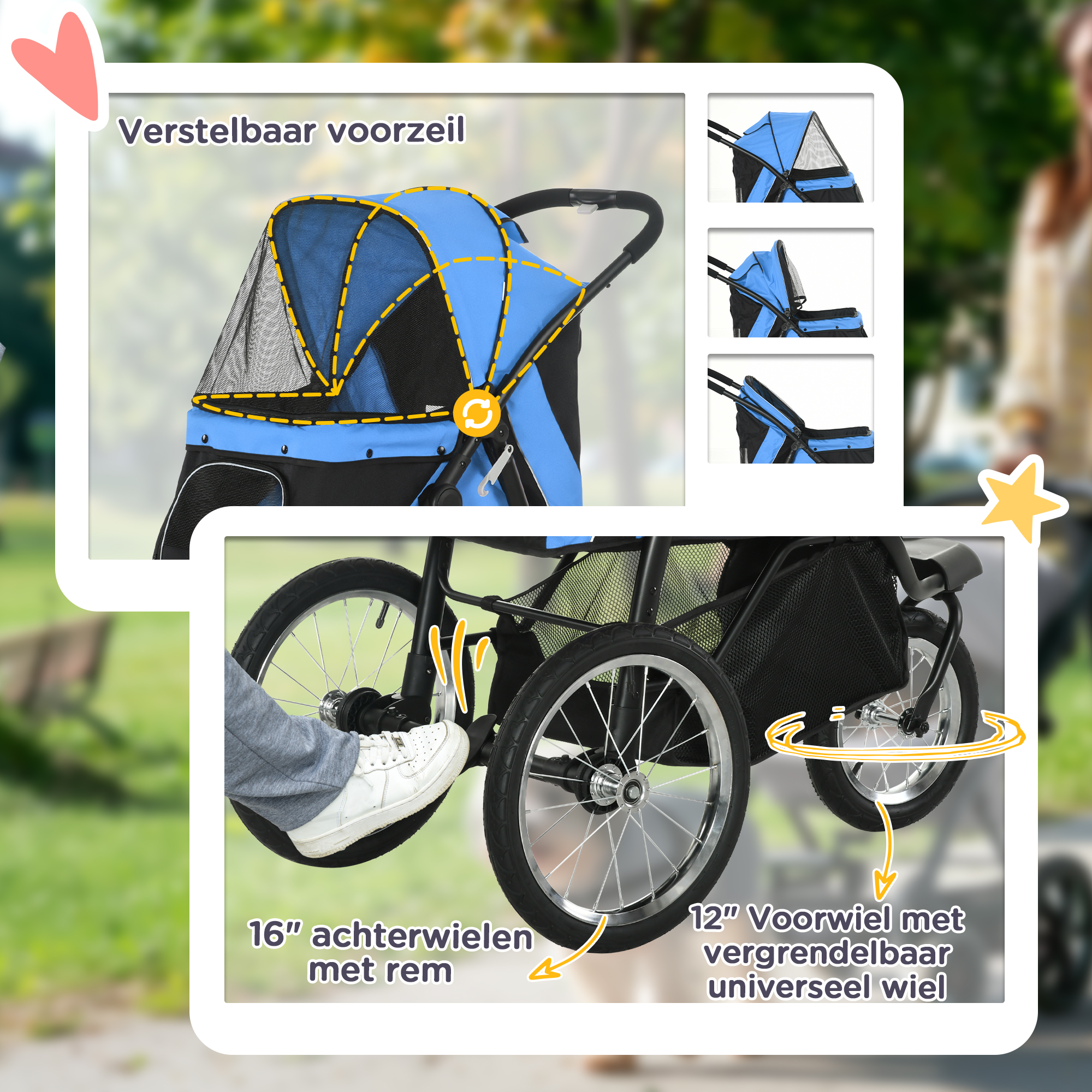 PawHut hondenkinderwagen, opvouwbaar, zonnescherm, gaasvenster, opbergmand, blauw, 111 x 58 x 107 cm