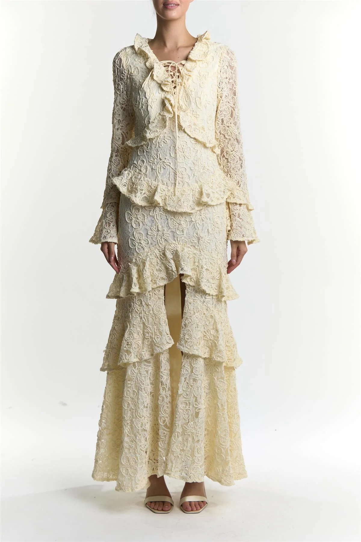 Abby Cream Ruffle Lace Up Maxi Dress