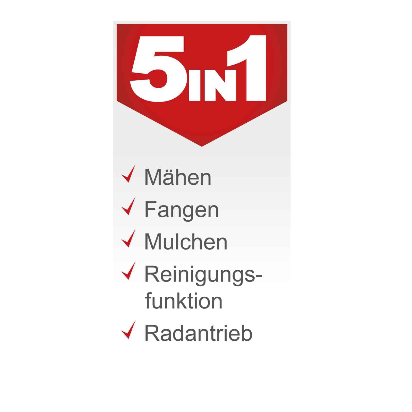 Benzin-Rasenmäher mit Radantrieb, 42 cm Schnittbreite, 3,3 PS, Mulch- und Reinigungsfunktion, 45 L Fangkorb, inkl. Motoröl