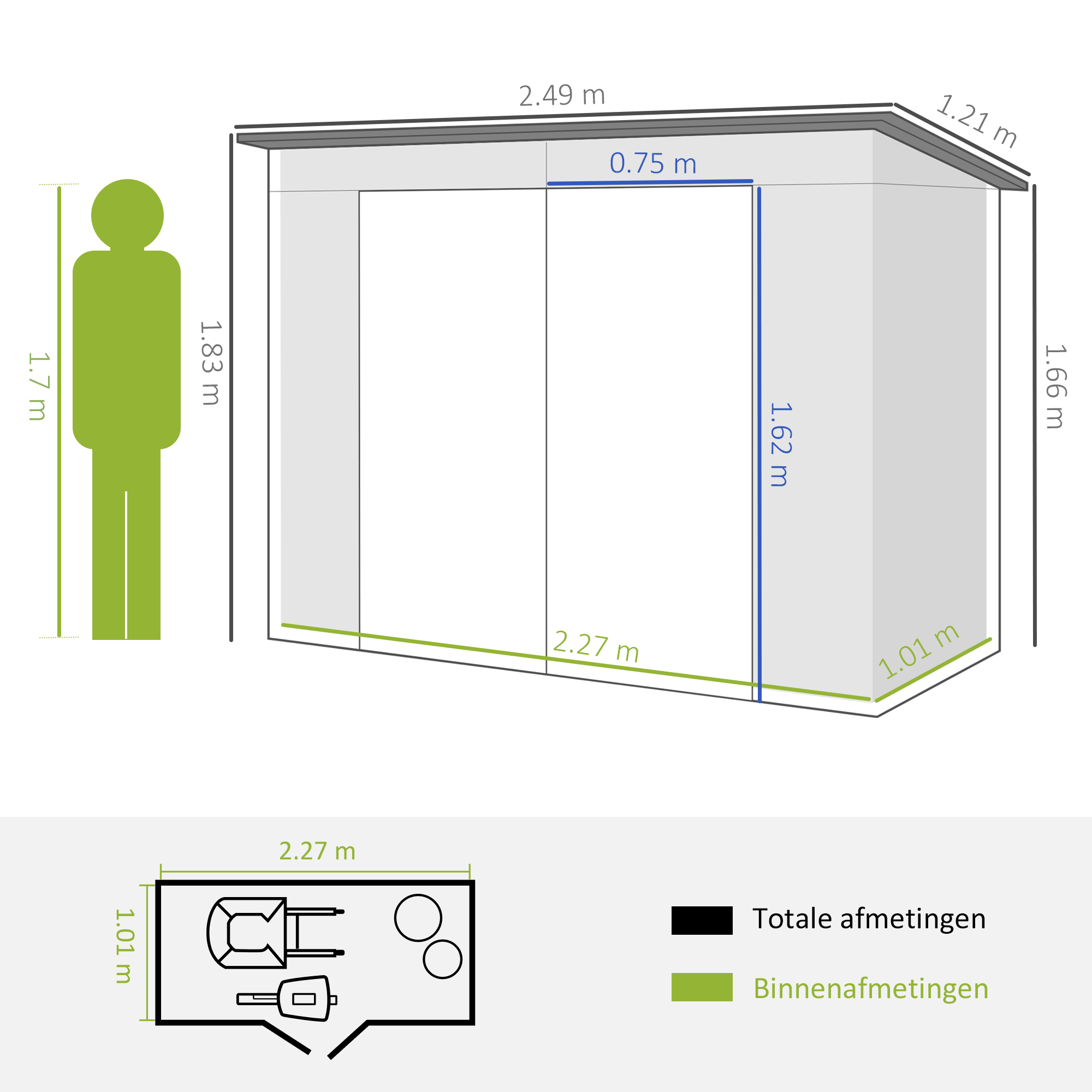 Outsunny Stalen tuinschuurtje, Ger?teschuppen, Dubbele Deuren, 249B x 121D x 166/183H cm, Grijs