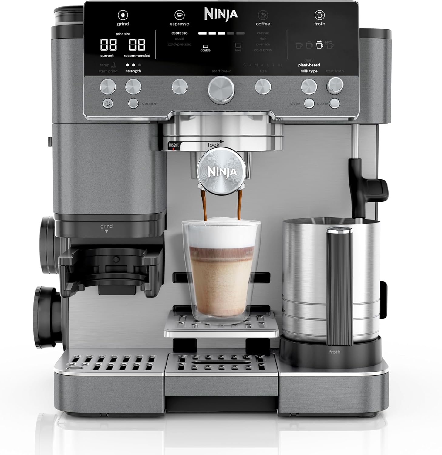 Ninja Luxe Premier 3-in-1 Kaffeemaschine, für Espresso, Cold Brew & Filterkaffee, 4 Automatische Schaumeinstellungen, Grau-Metall, ES601EUGM