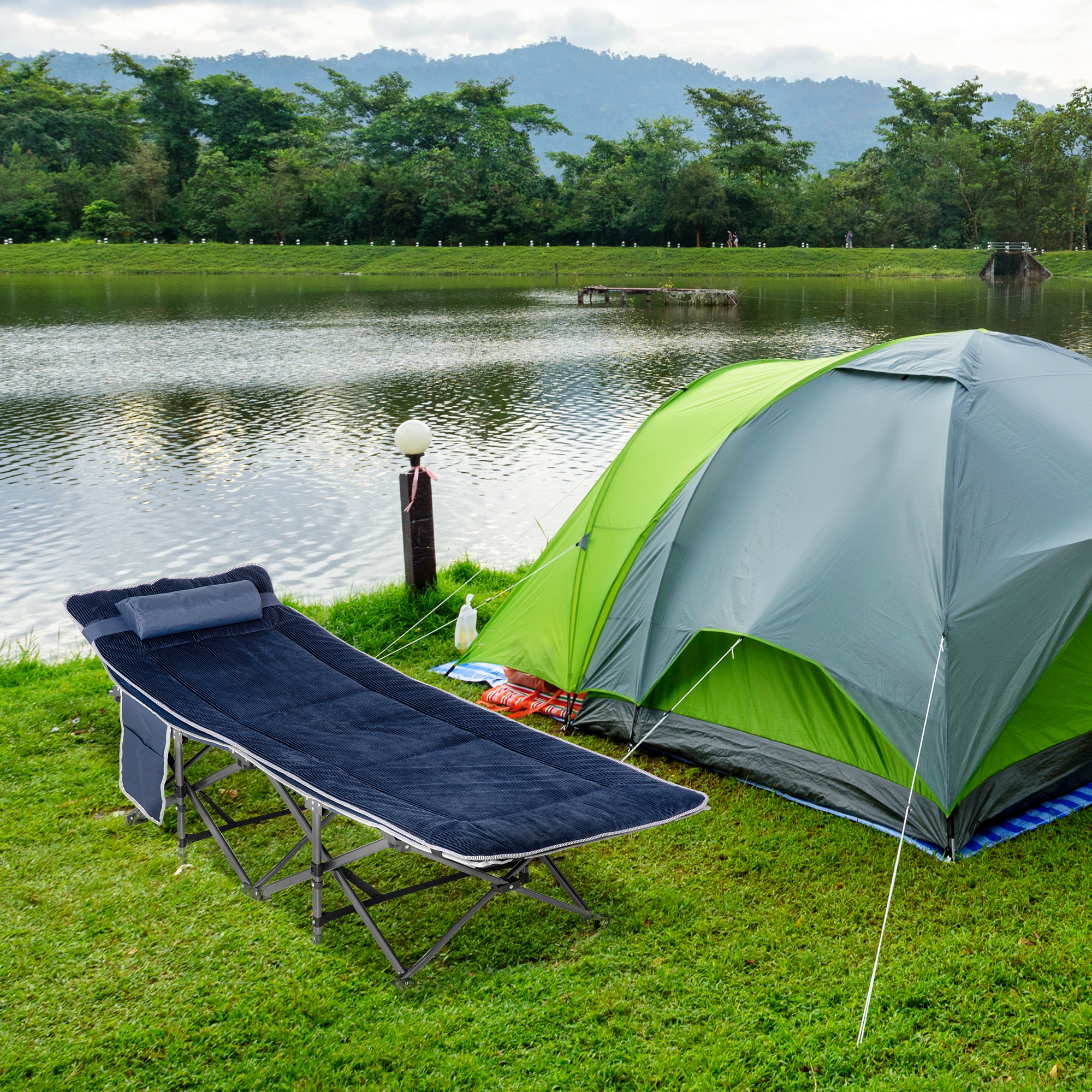 Outsunny Campingbett, klappbares Feldbett mit Kopfkissen, 188 x 64,5 x 53 cm, Dunkelblau