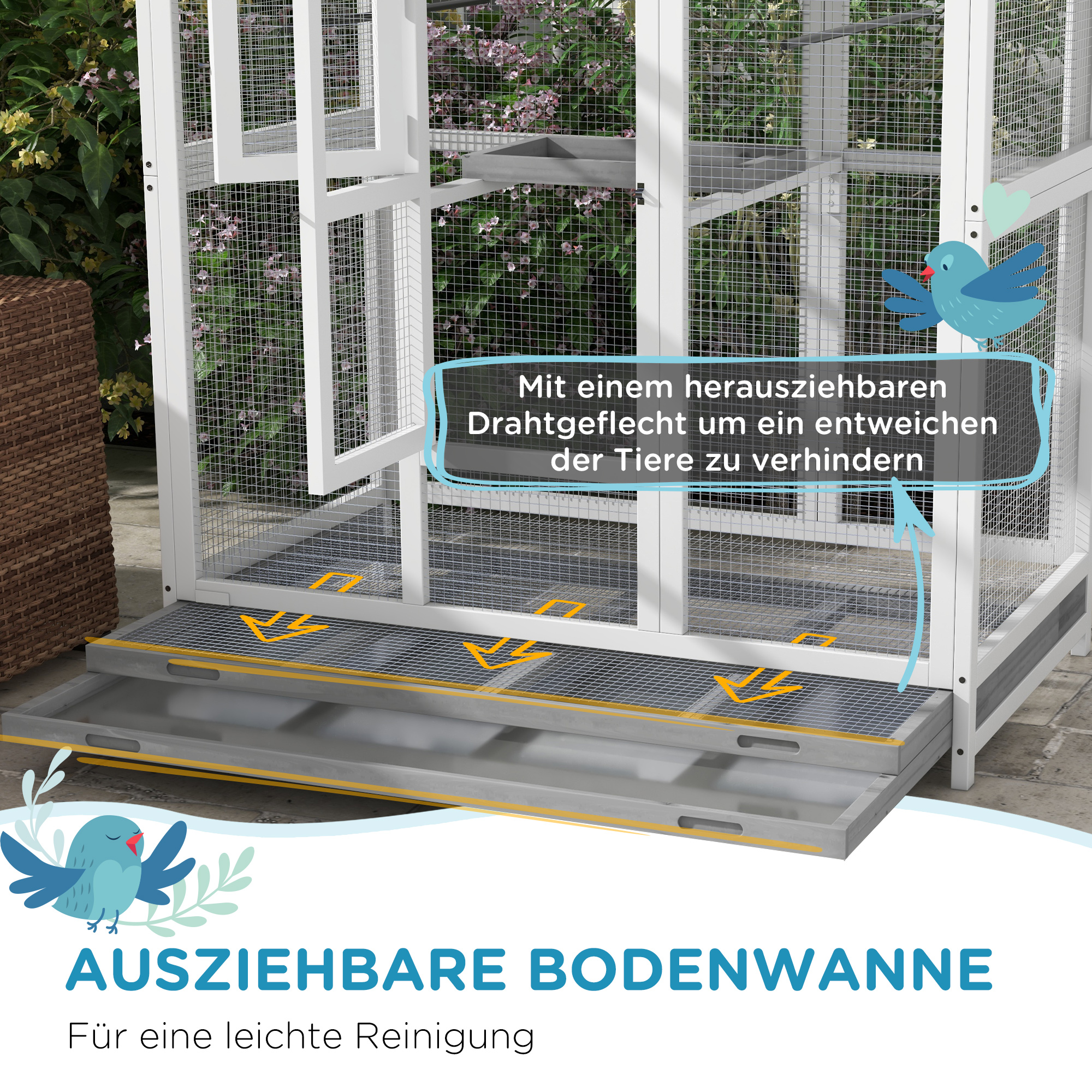 PawHut Houten vogelkooi met 4 zitstokken, asfaltdak, waterdicht, 112 x 68 x 154 cm