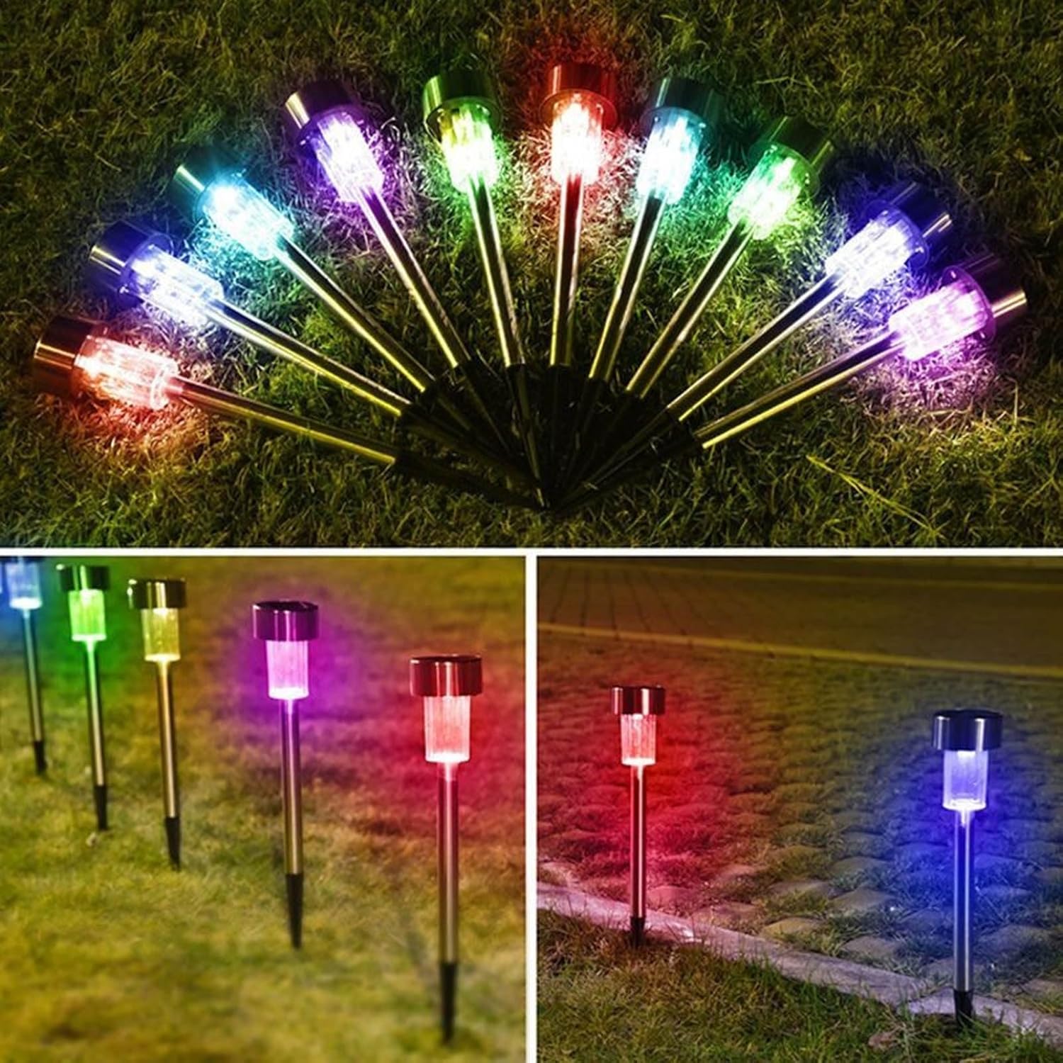 So Gartenstecklichter, bunte LED-Außenbeleuchtung, IP65, wetterfest, Edelstahl, keine Drähte, automatische Nachtaktivierung für Weg und Garten, 10 Stück
